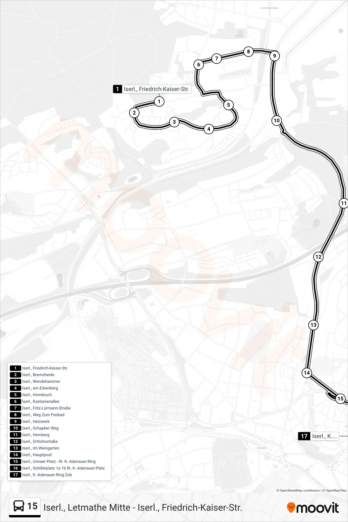 15 bus Line (Iserl., K.-Adenauer-Ring Zob 1c - Ri. Bahnhof) route and stops on a map