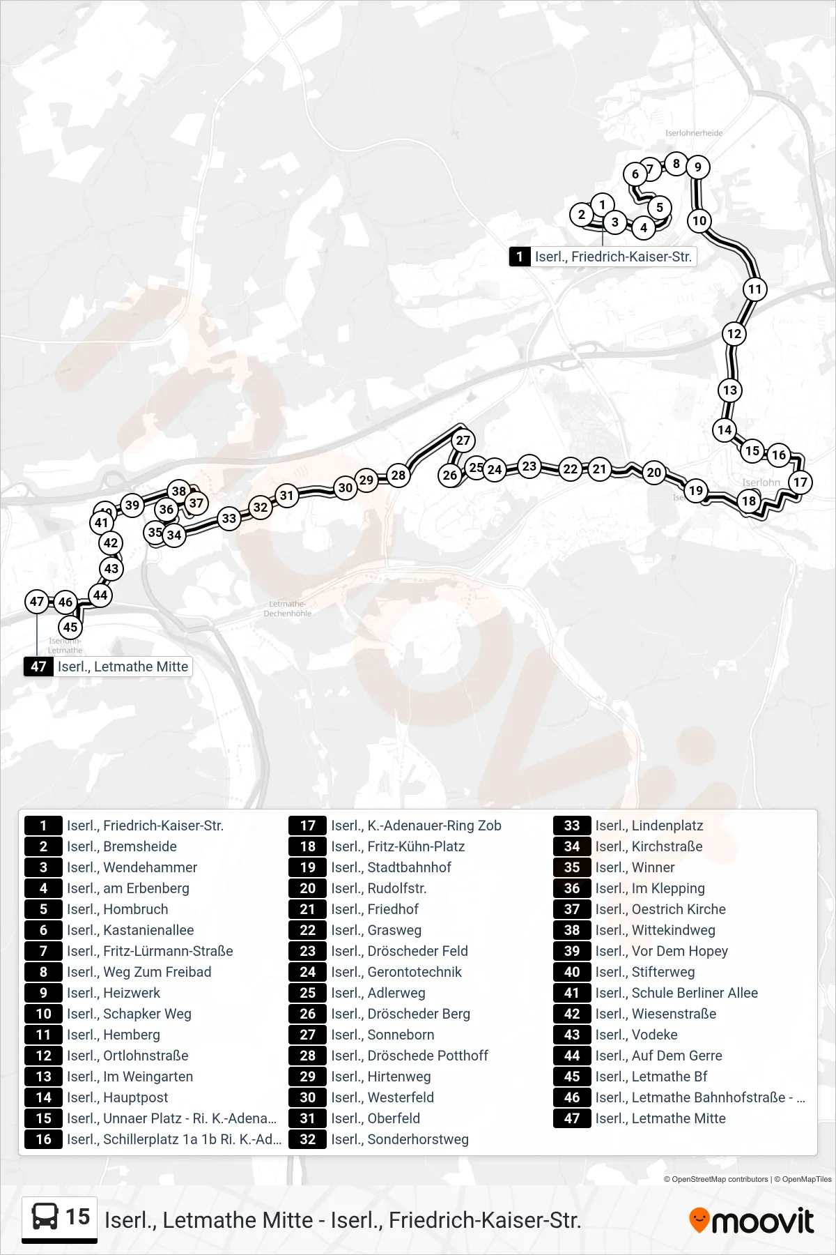 15 bus Line (Iserl., Letmathe Mitte) route and stops on a map