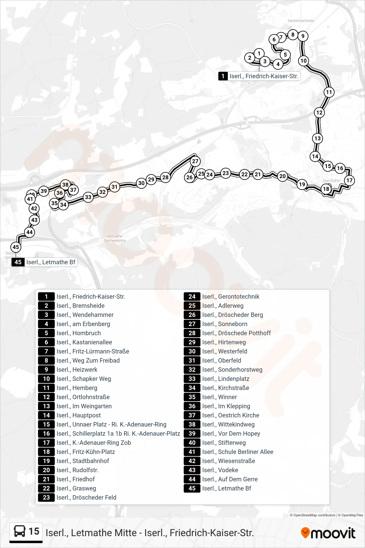 Linie 15 (Bus) Richtung Iserl., Letmathe Bf: Route und Haltestellen auf der Karte