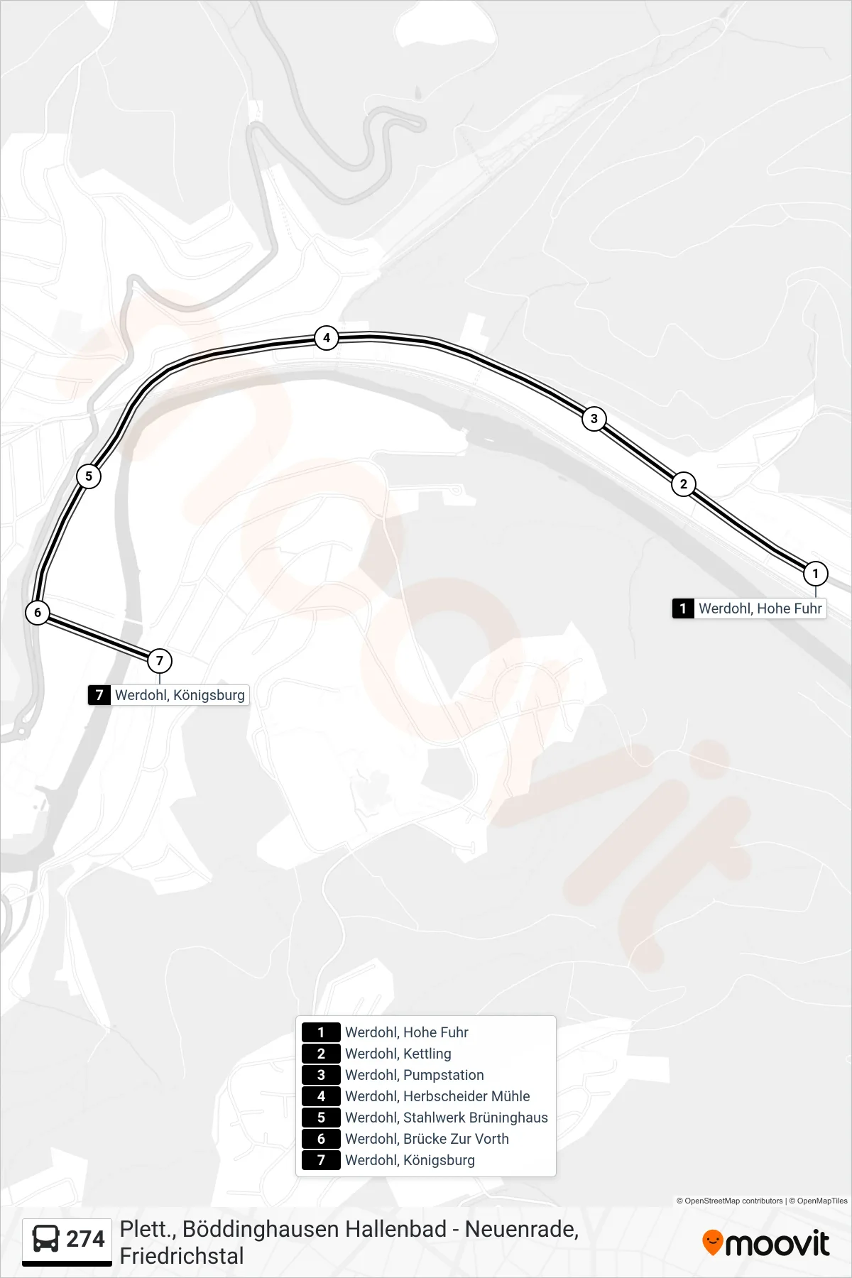 274 bus Line (Werdohl, Königsburg) route and stops on a map