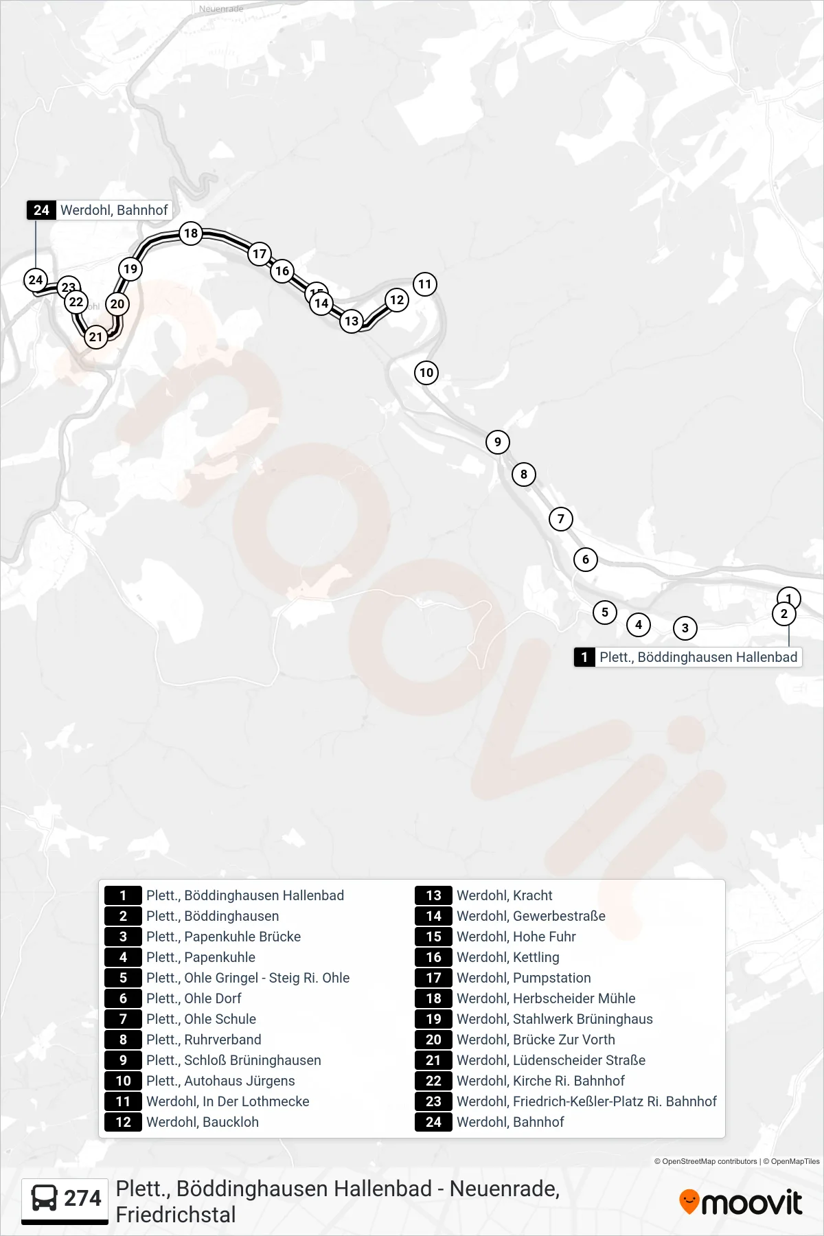 274 bus Line (Werdohl, Bahnhof - Steig 4) route and stops on a map