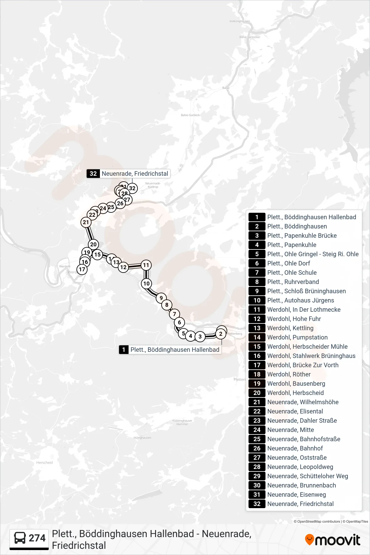274 bus Line (Neuenrade, Friedrichstal) route and stops on a map