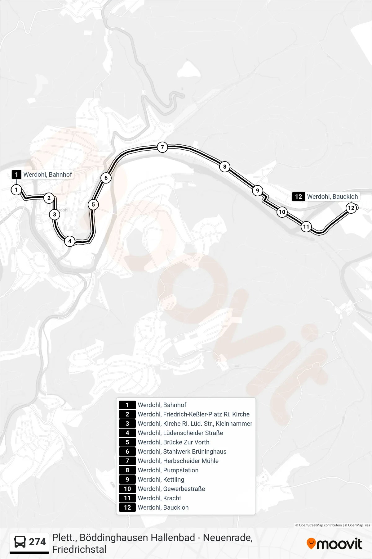 274 bus Line (Werdohl, Bauckloh) route and stops on a map