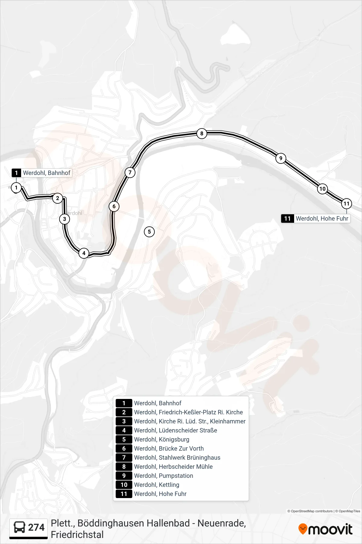 274 bus Line (Werdohl, Hohe Fuhr) route and stops on a map