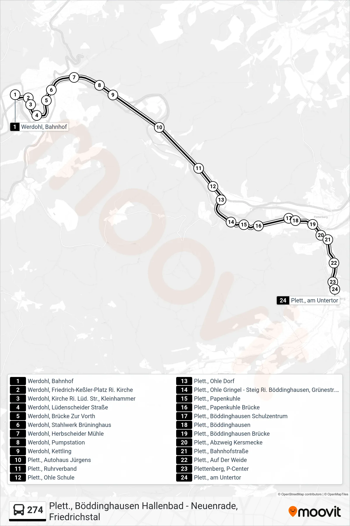 274 bus Line (Plett., am Untertor) route and stops on a map