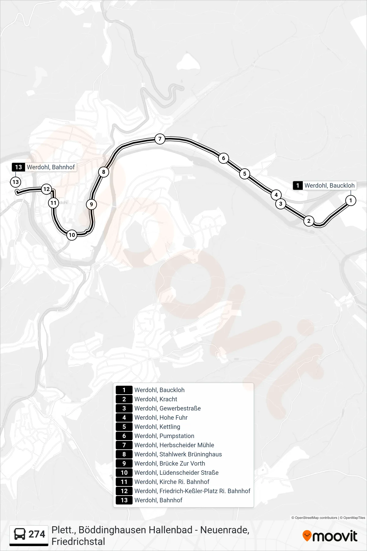 274 bus Line (Werdohl, Bahnhof) route and stops on a map
