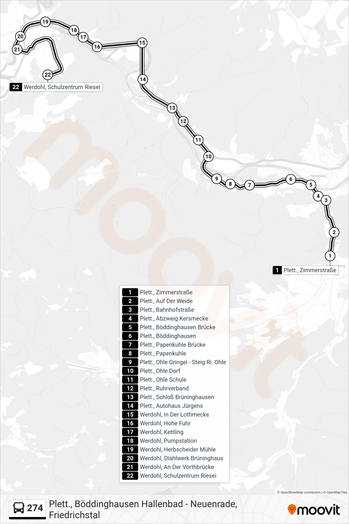274 bus Line (Werdohl, Schulzentrum Riesei) route and stops on a map