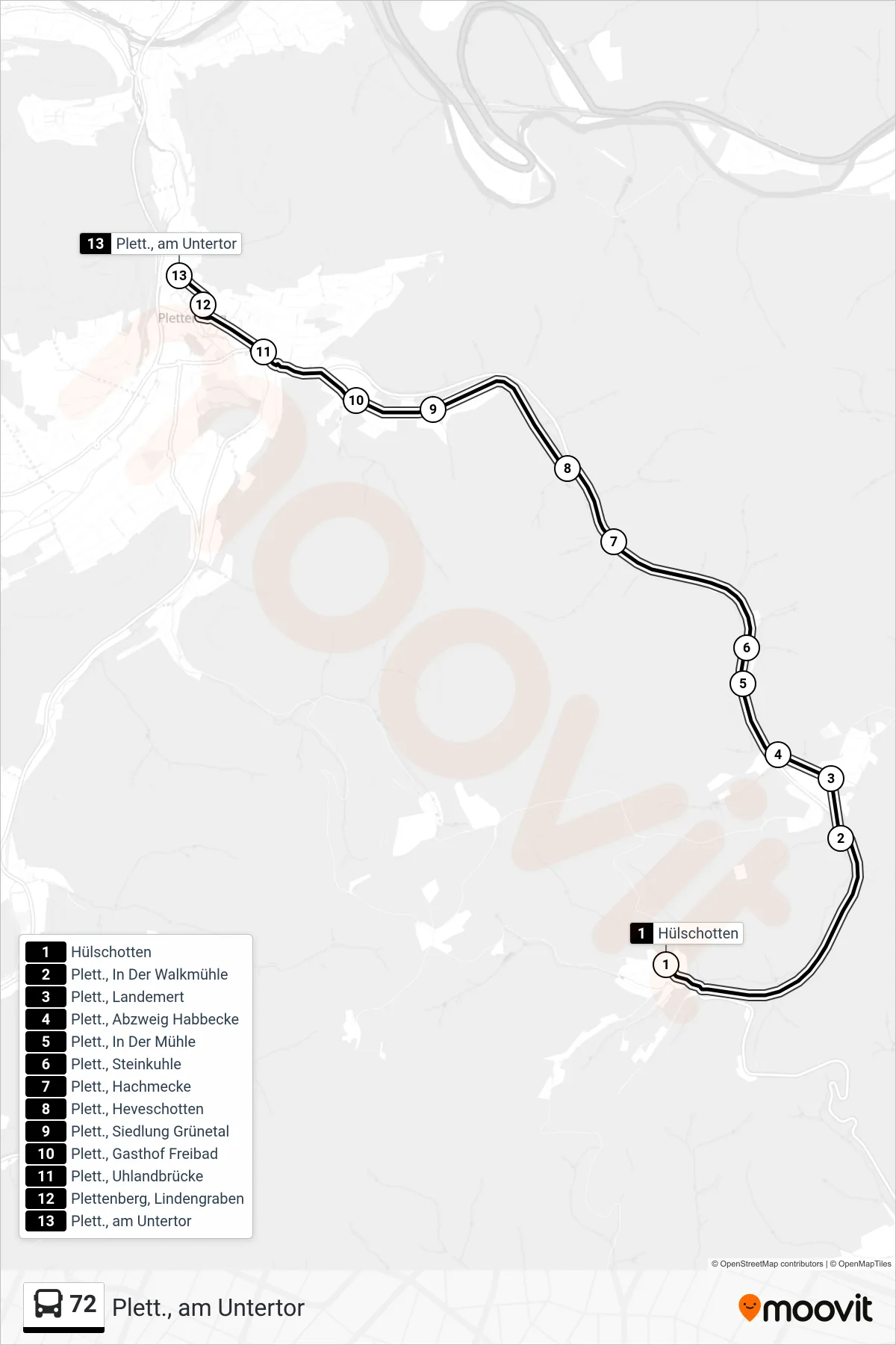 Linie 72 (Bus) Richtung Plett., am Untertor: Route und Haltestellen auf der Karte