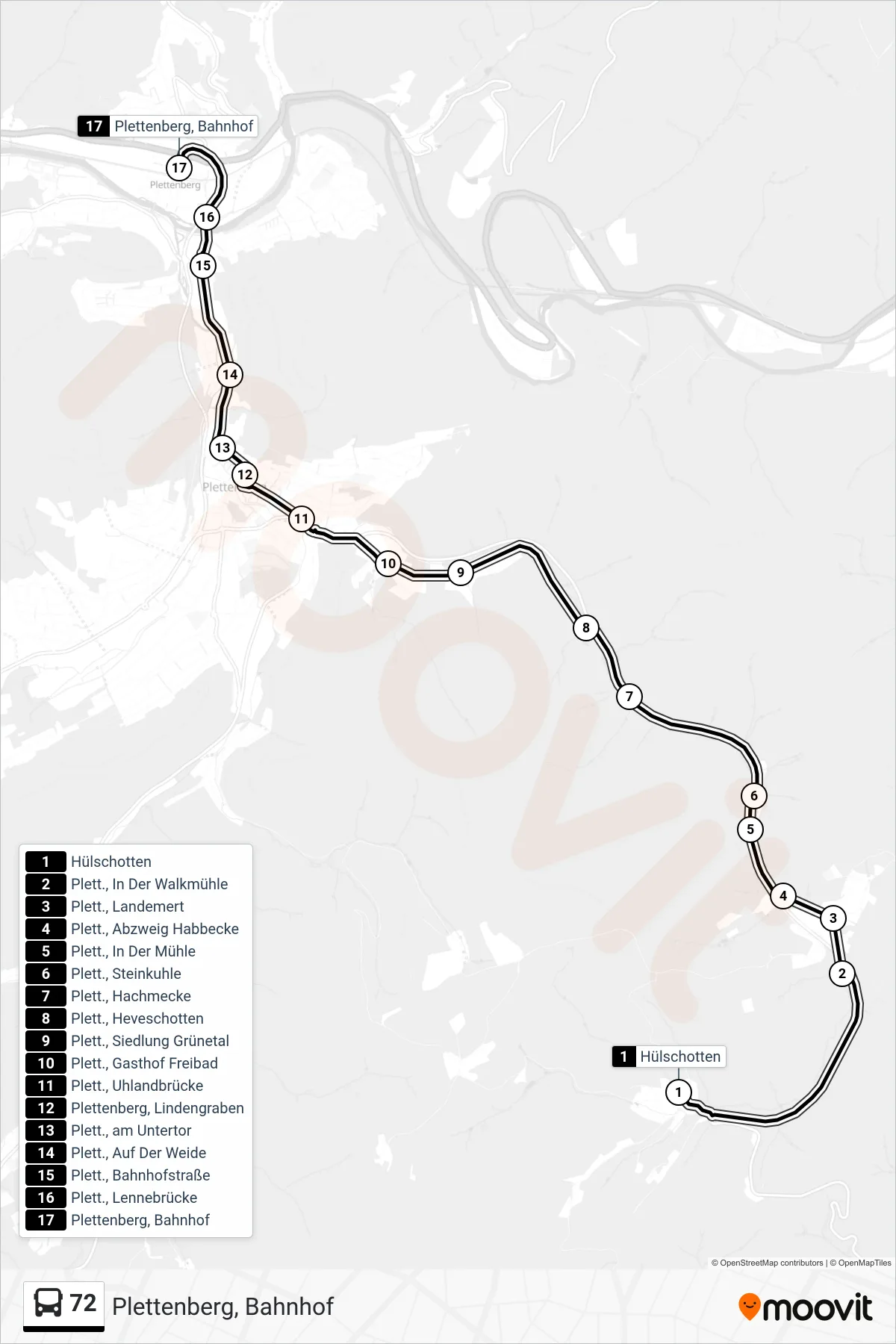 Linie 72 (Bus) Richtung Plettenberg, Bahnhof: Route und Haltestellen auf der Karte