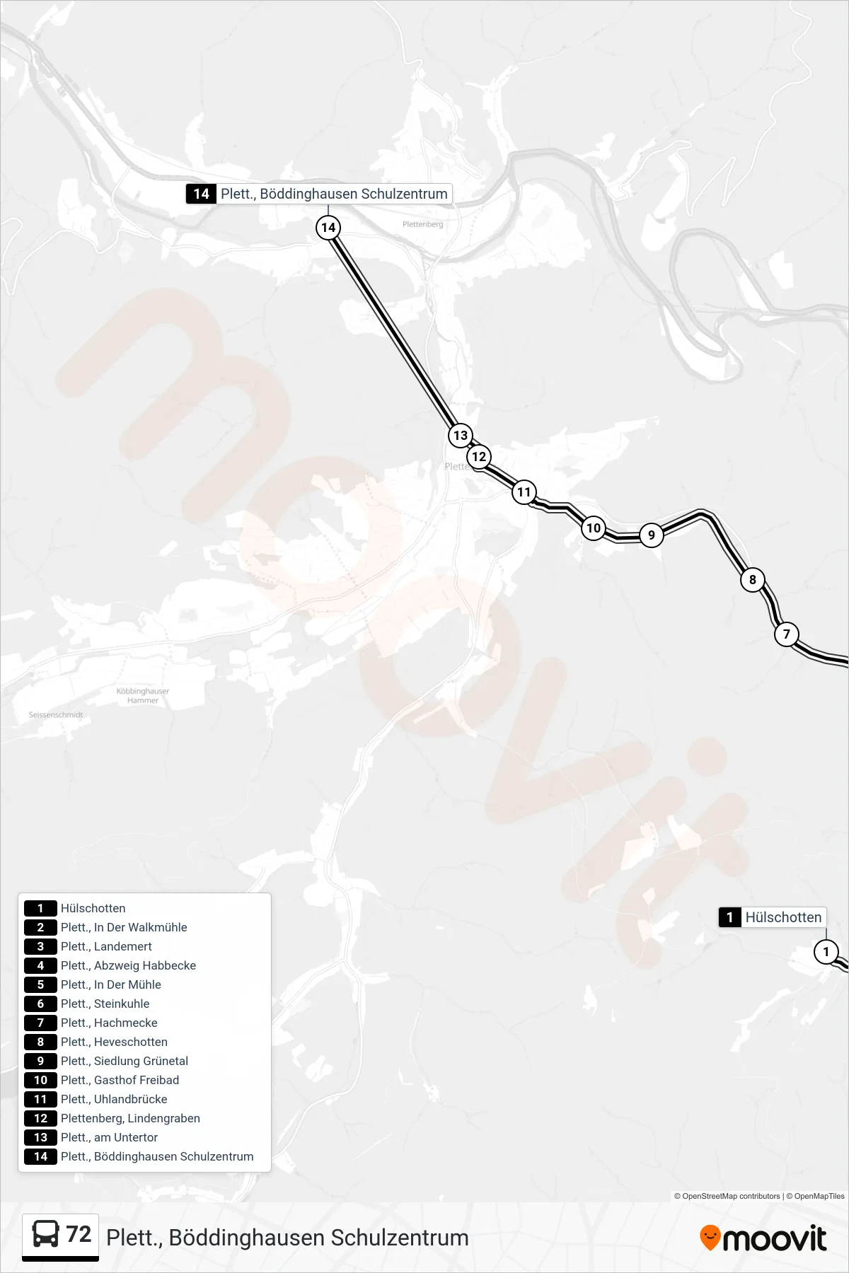 72 bus Line (Plett., Böddinghausen Schulzentrum) route and stops on a map