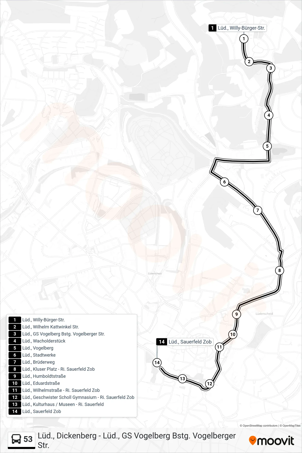 53 bus Line (Lüd., Sauerfeld Zob - Steig 1a) route and stops on a map