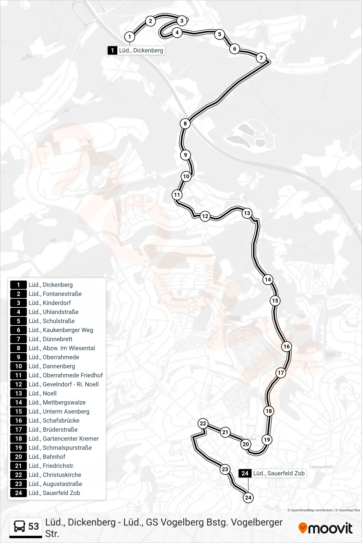 Linie 53 (Bus) Richtung Lüd., Sauerfeld Zob - Steig 2d: Route und Haltestellen auf der Karte