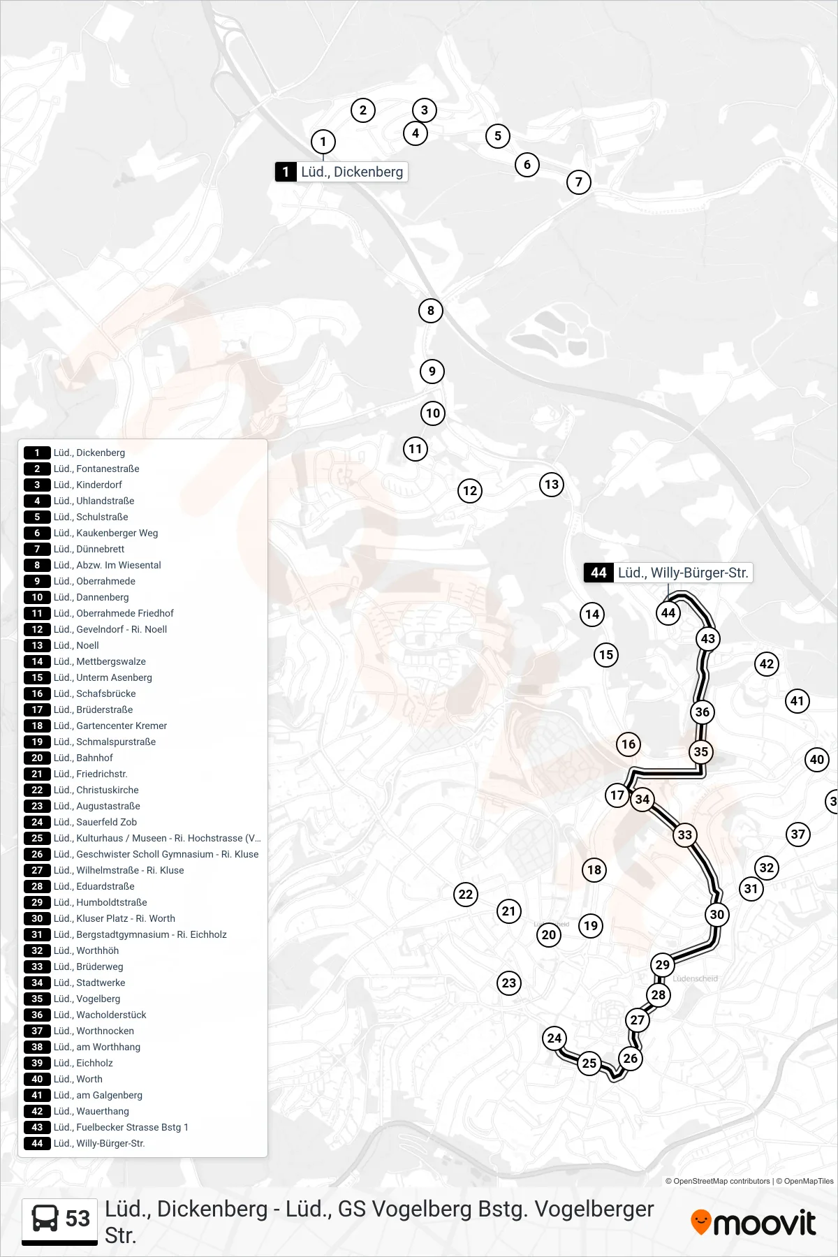 53 bus Line (Lüd., Willy-Bürger-Str.) route and stops on a map