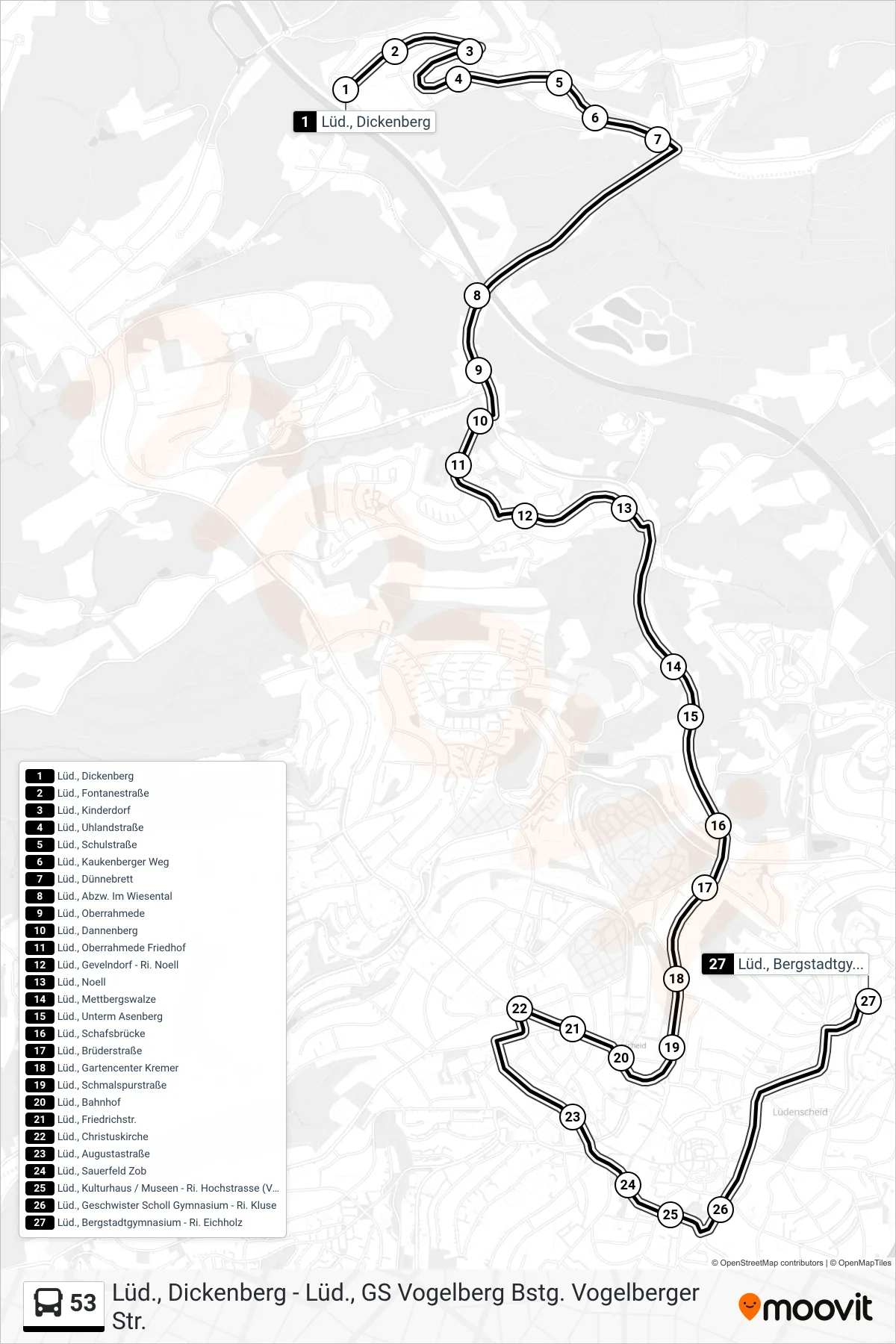 53 bus Line (Lüd., Bergstadtgymnasium - Ri. Eichholz) route and stops on a map