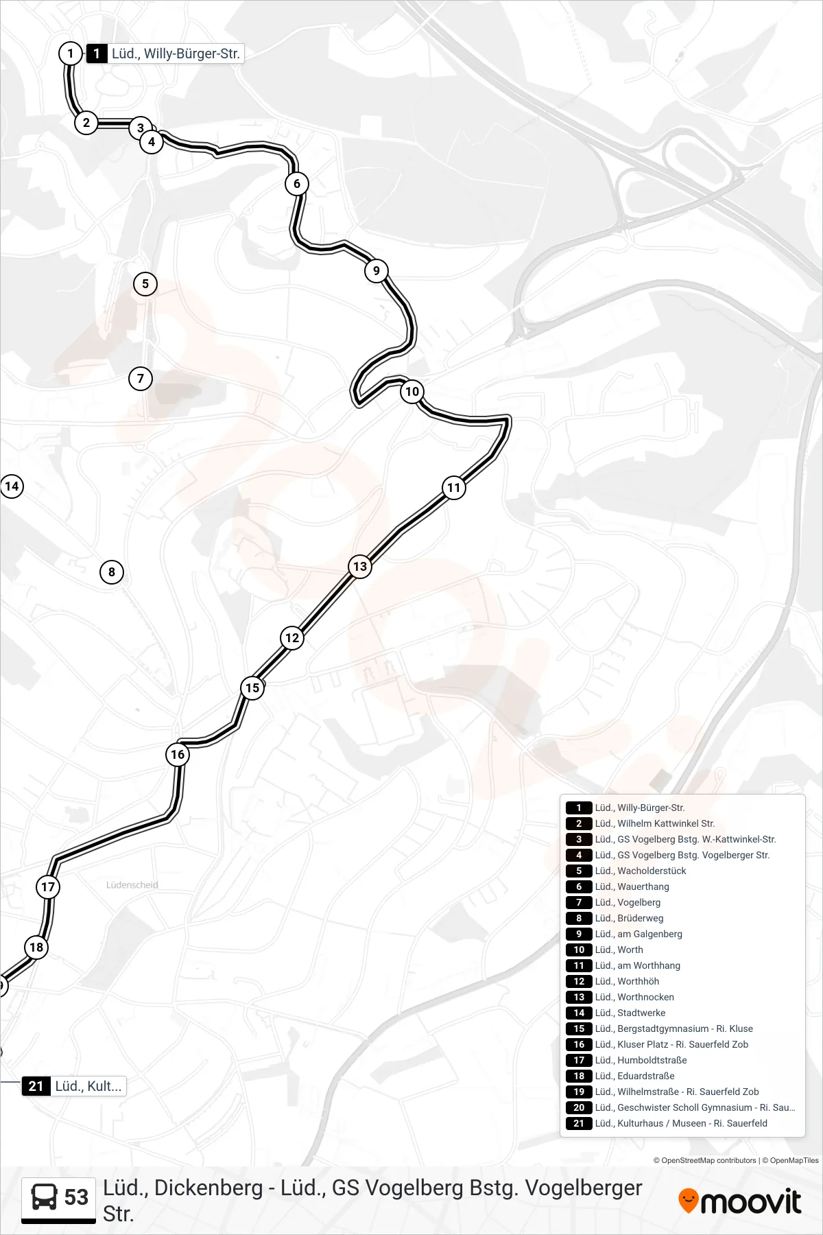 53 bus Line (Lüd., Kulturhaus / Museen - Ri. Sauerfeld) route and stops on a map
