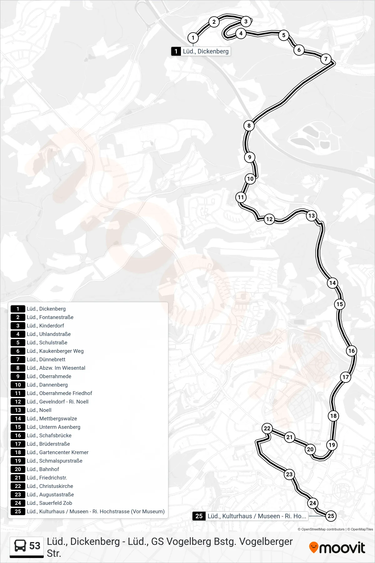 53 bus Line (Lüd., Kulturhaus / Museen - Ri. Hochstrasse (Vor Museum)) route and stops on a map