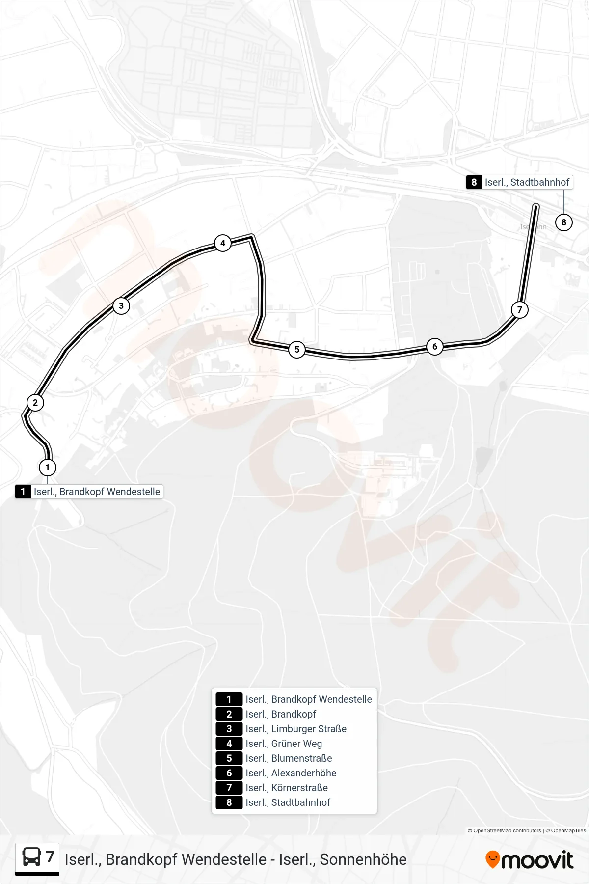 Linie 7 (Bus) Richtung Iserl., Stadtbahnhof - Steig 3: Route und Haltestellen auf der Karte