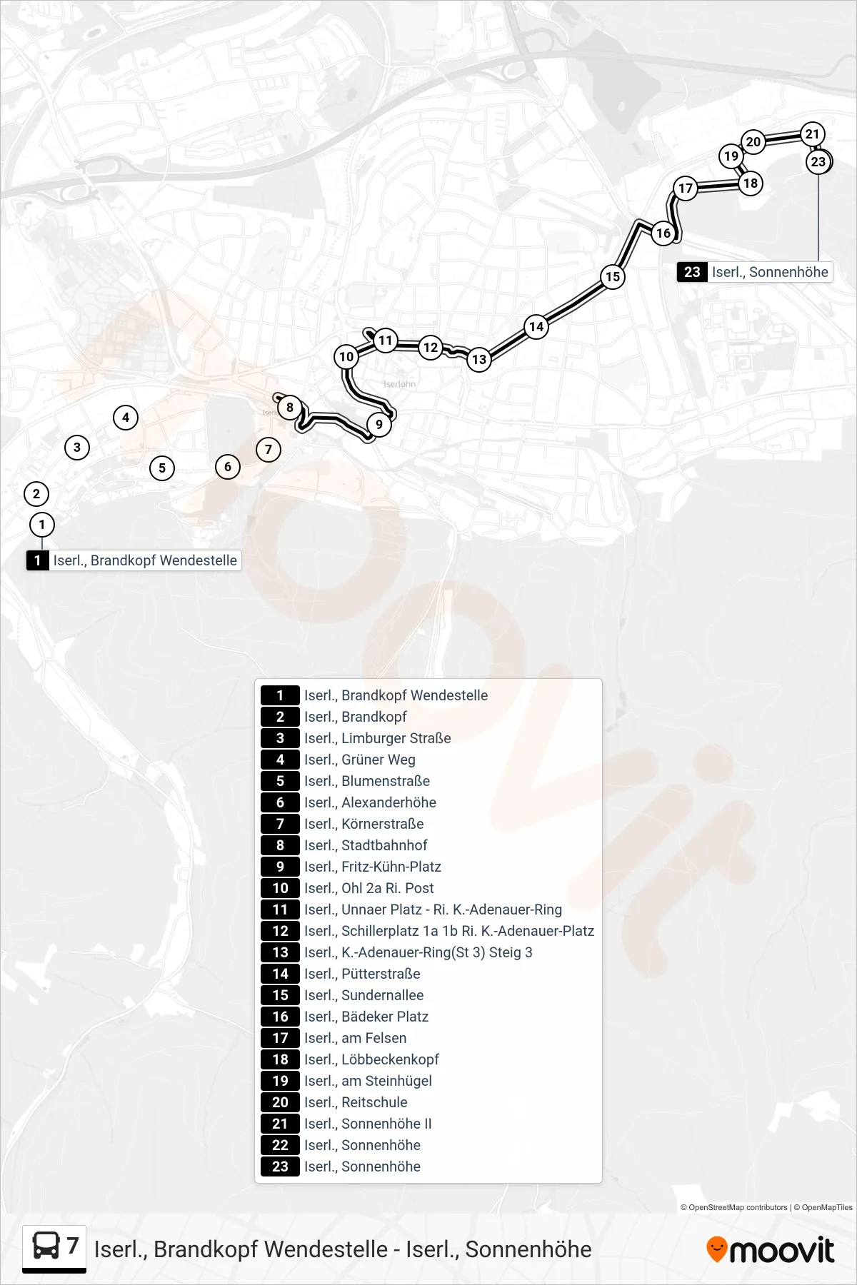 Linie 7 (Bus) Richtung Iserl., Sonnenhöhe: Route und Haltestellen auf der Karte