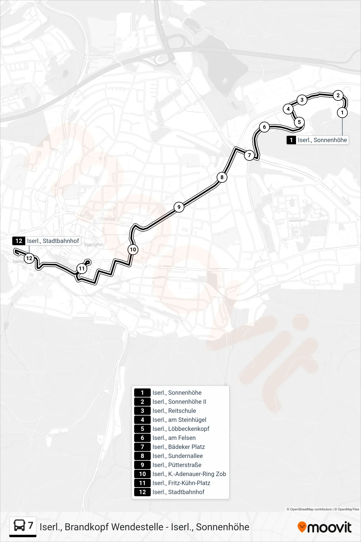 7 bus Line (Iserl., Stadtbahnhof - Steig 1d) route and stops on a map