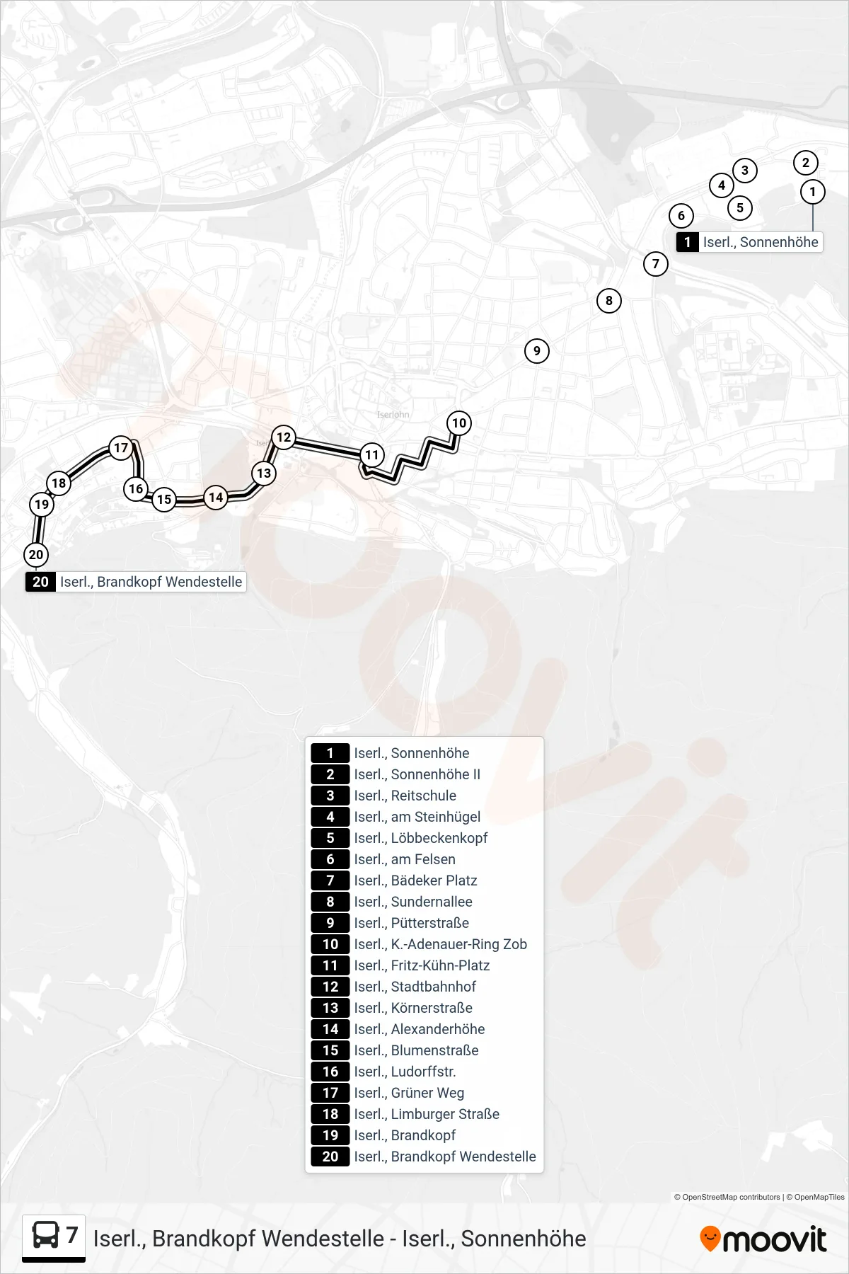 7 bus Line (Iserl., Brandkopf Wendestelle) route and stops on a map
