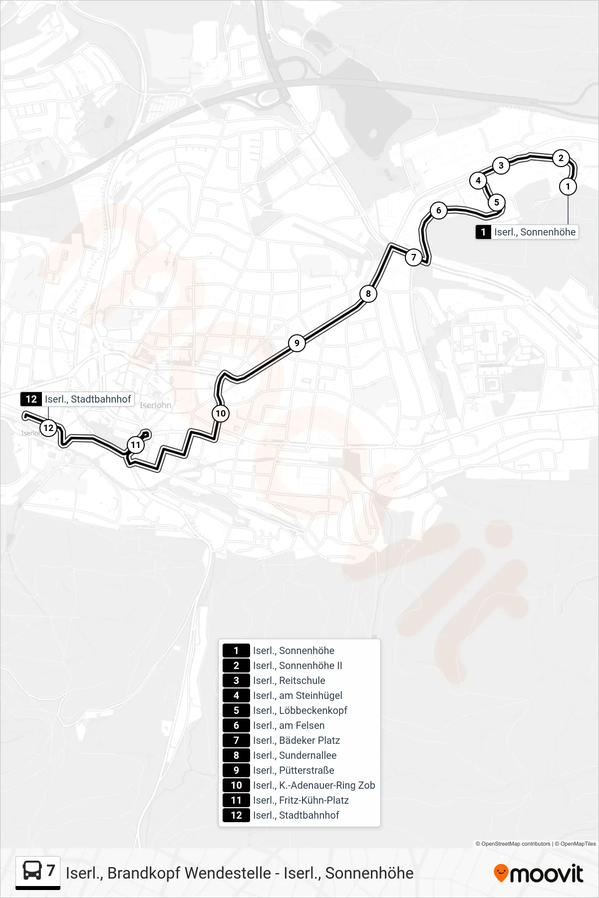 Linie 7 (Bus) Richtung Iserl., Stadtbahnhof - Steig 1f - Nur Ausstieg: Route und Haltestellen auf der Karte