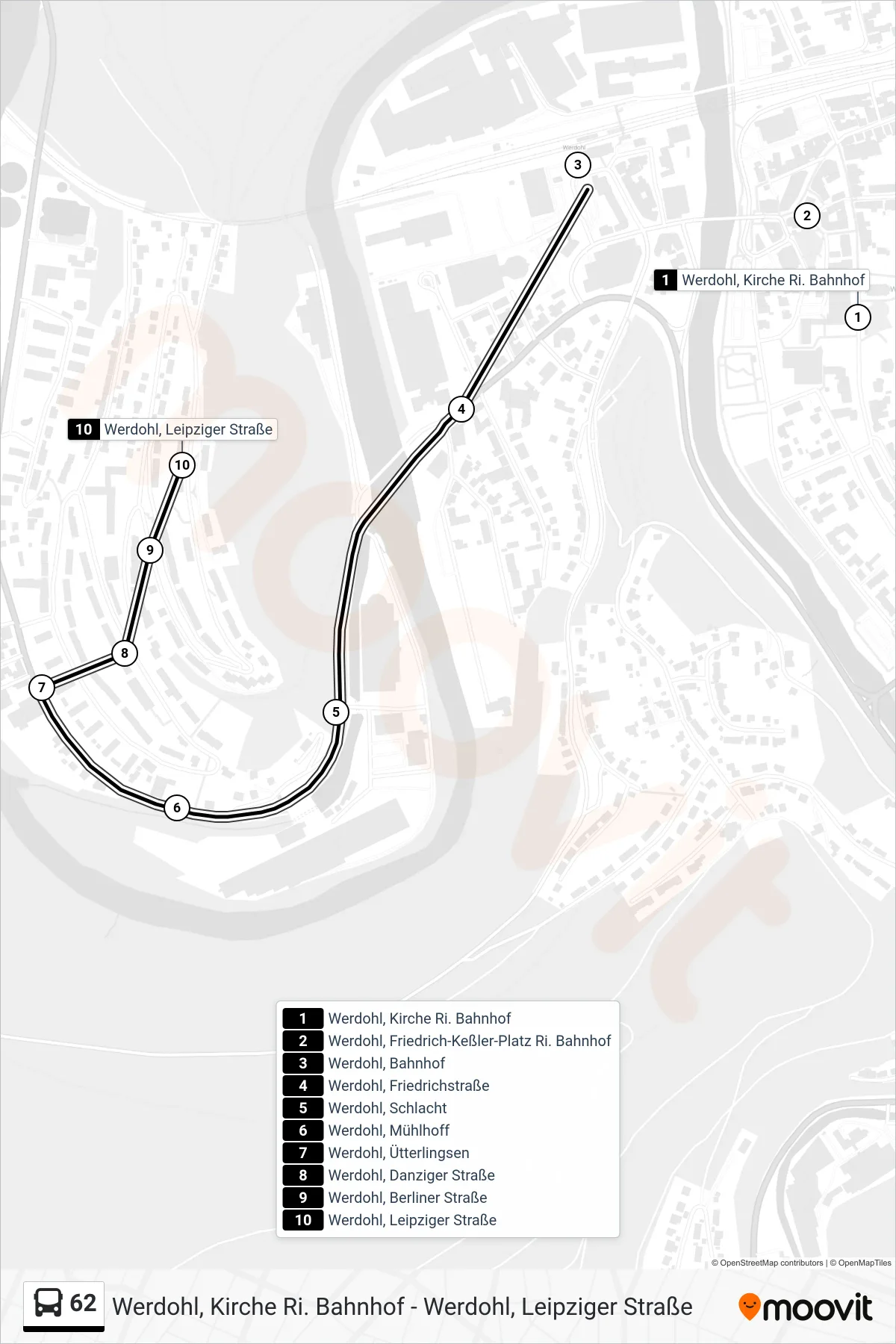 62 bus Line (Werdohl, Leipziger Straße) route and stops on a map
