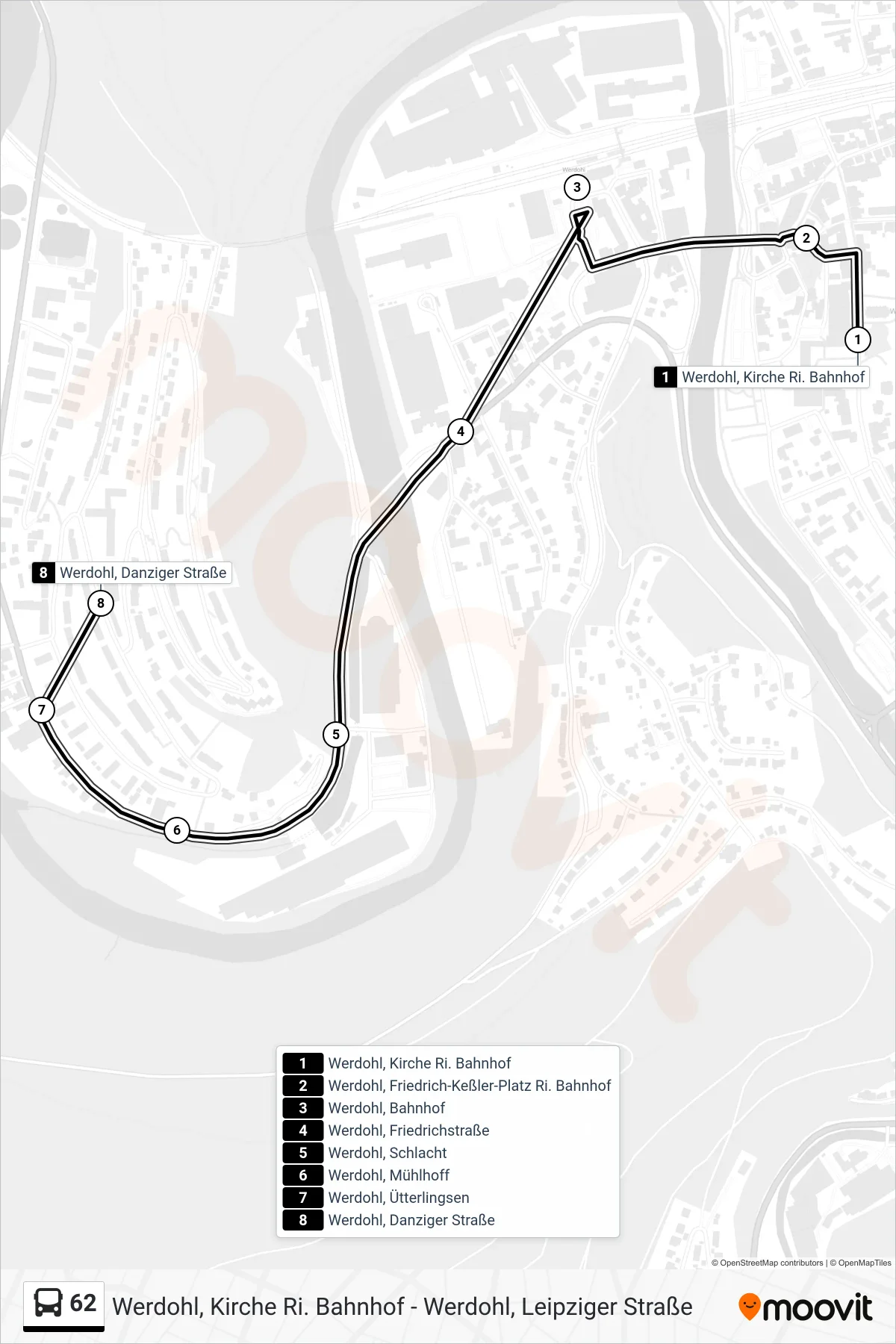Linie 62 (Bus) Richtung Werdohl, Danziger Straße: Route und Haltestellen auf der Karte