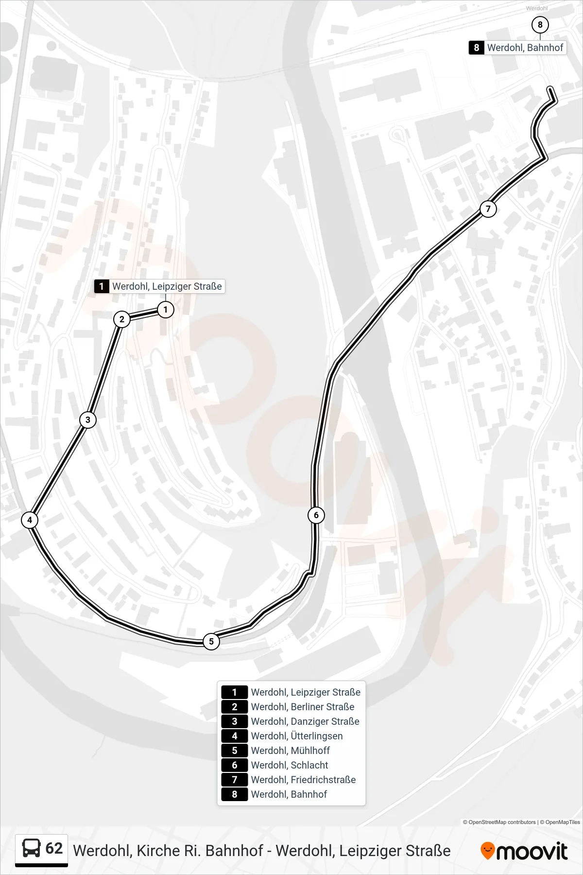 62 bus Line (Werdohl, Bahnhof) route and stops on a map