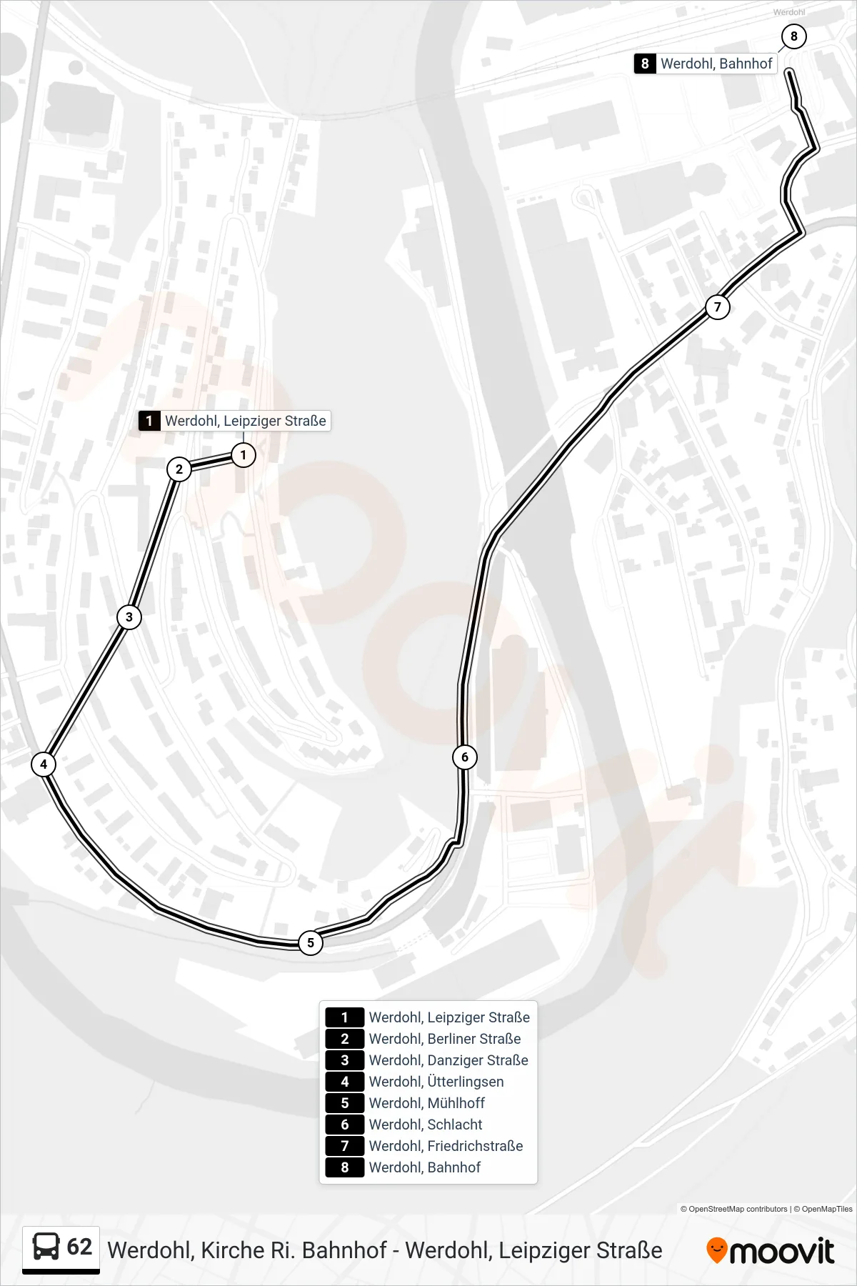 62 bus Line (Werdohl, Bahnhof - Steig 1) route and stops on a map