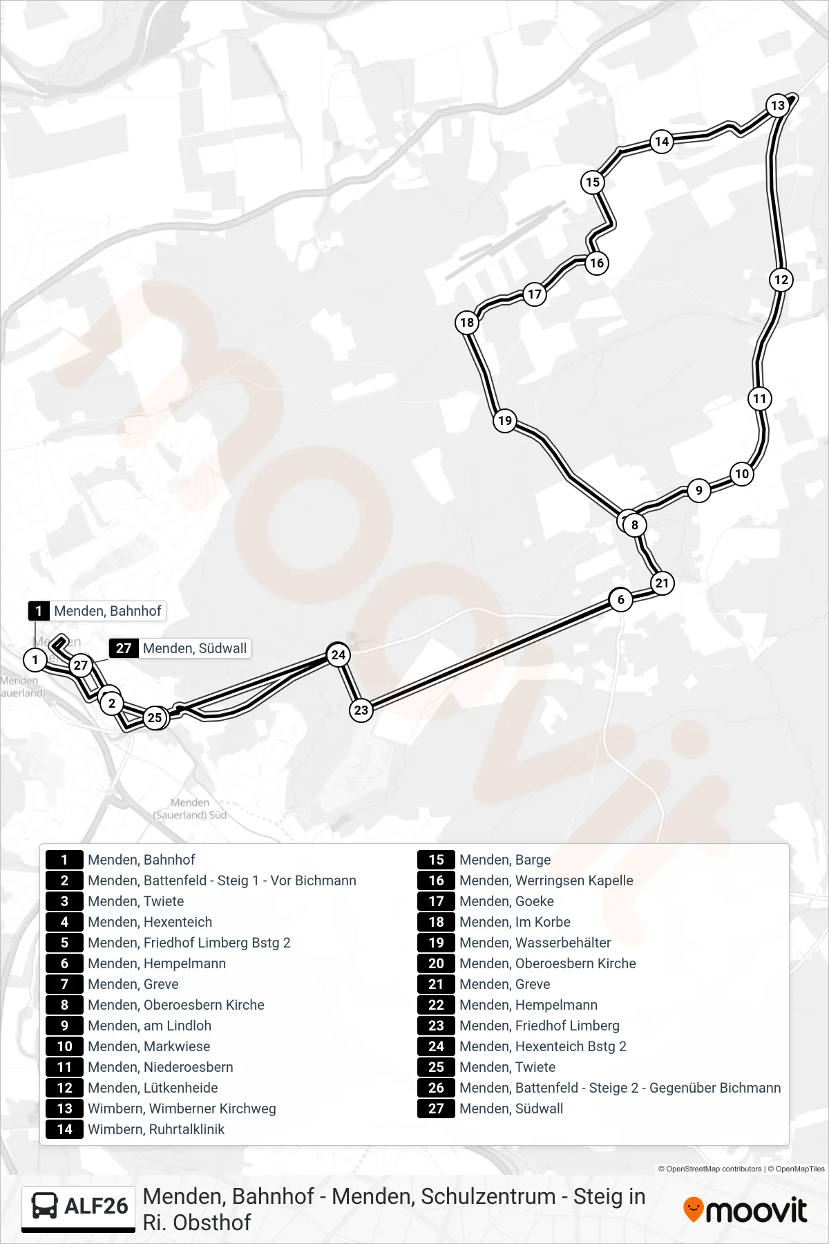 ALF26 bus Line (Menden, Südwall) route and stops on a map