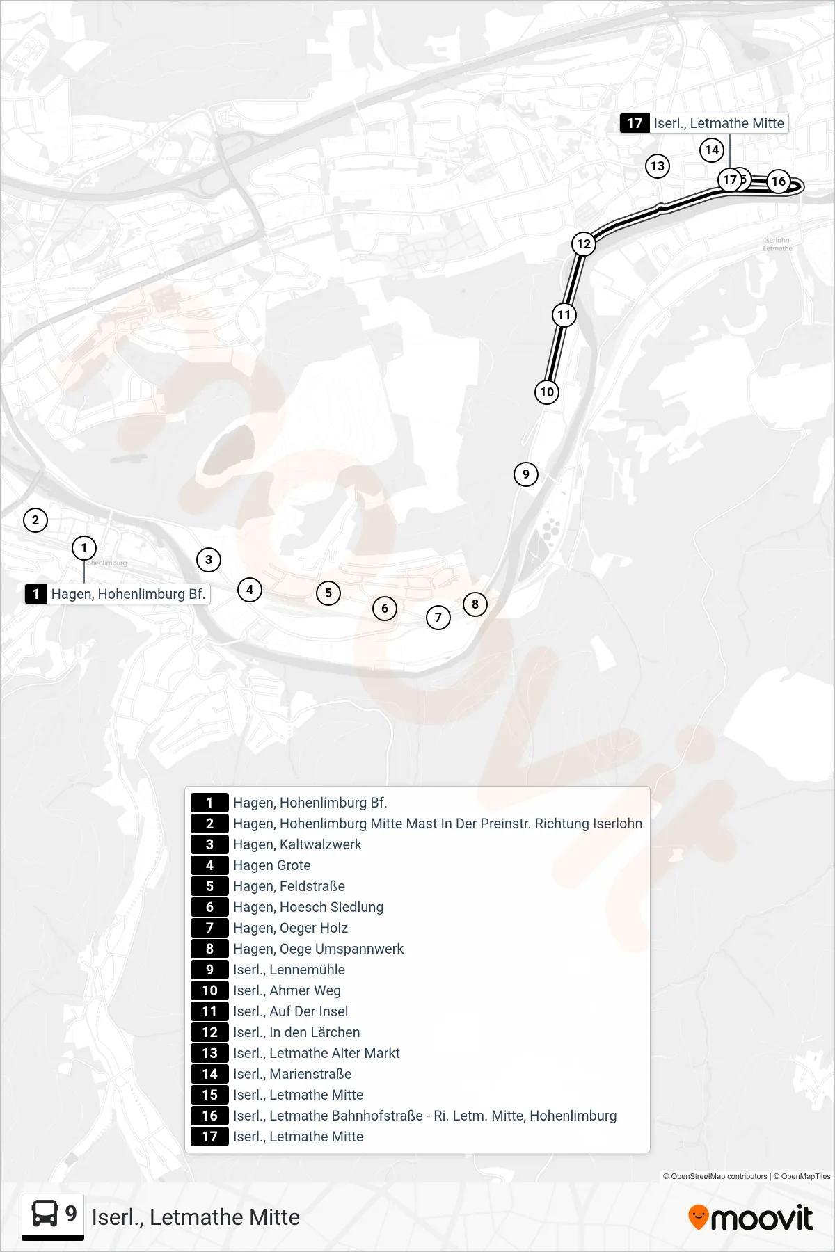 Linie 9 (Bus) Richtung Iserl., Letmathe Mitte: Route und Haltestellen auf der Karte