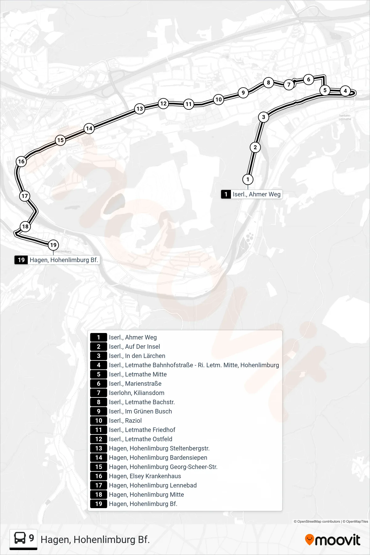 Linie 9 (Bus) Richtung Hagen, Hohenlimburg Bf.: Route und Haltestellen auf der Karte