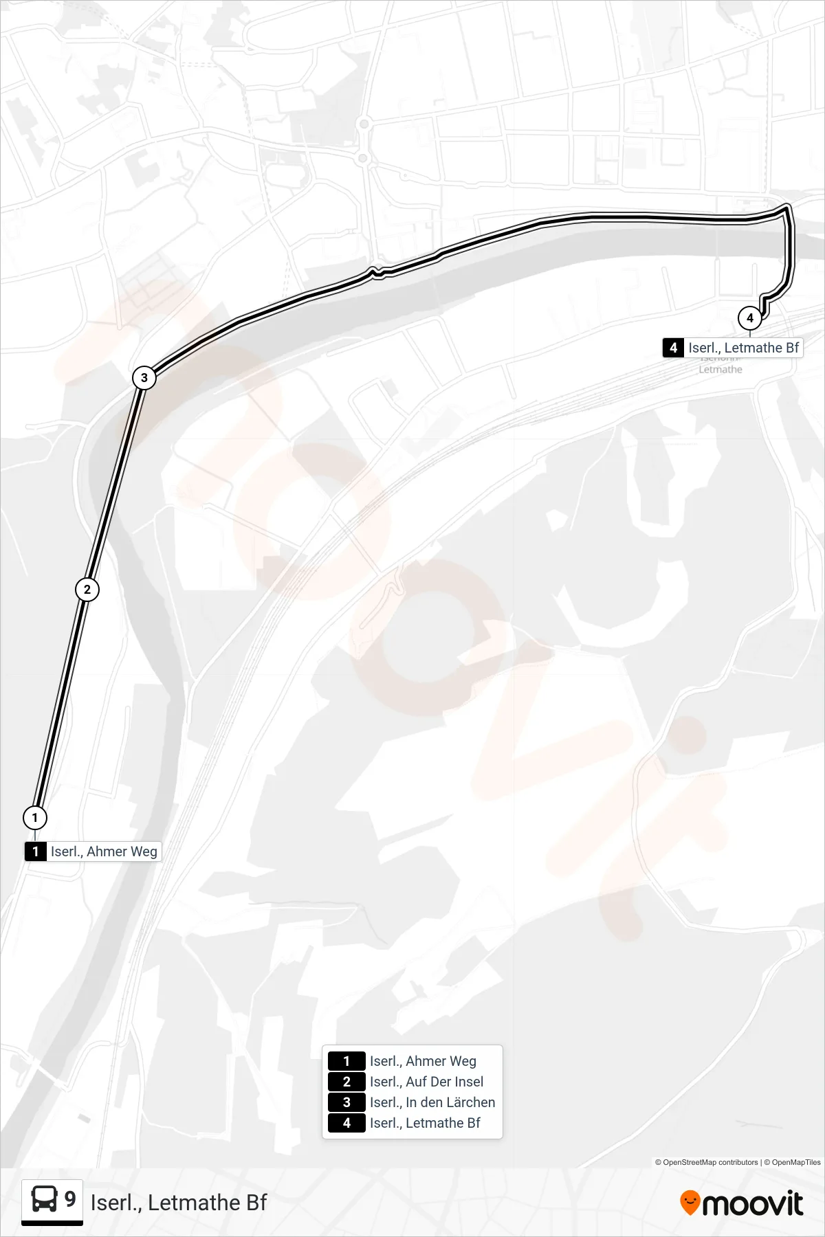 9 bus Line (Iserl., Letmathe Bf) route and stops on a map