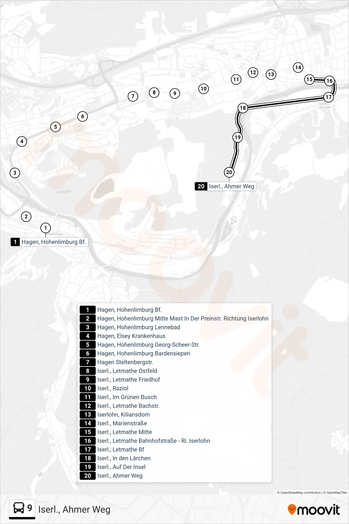 9 bus Line (Iserl., Ahmer Weg) route and stops on a map