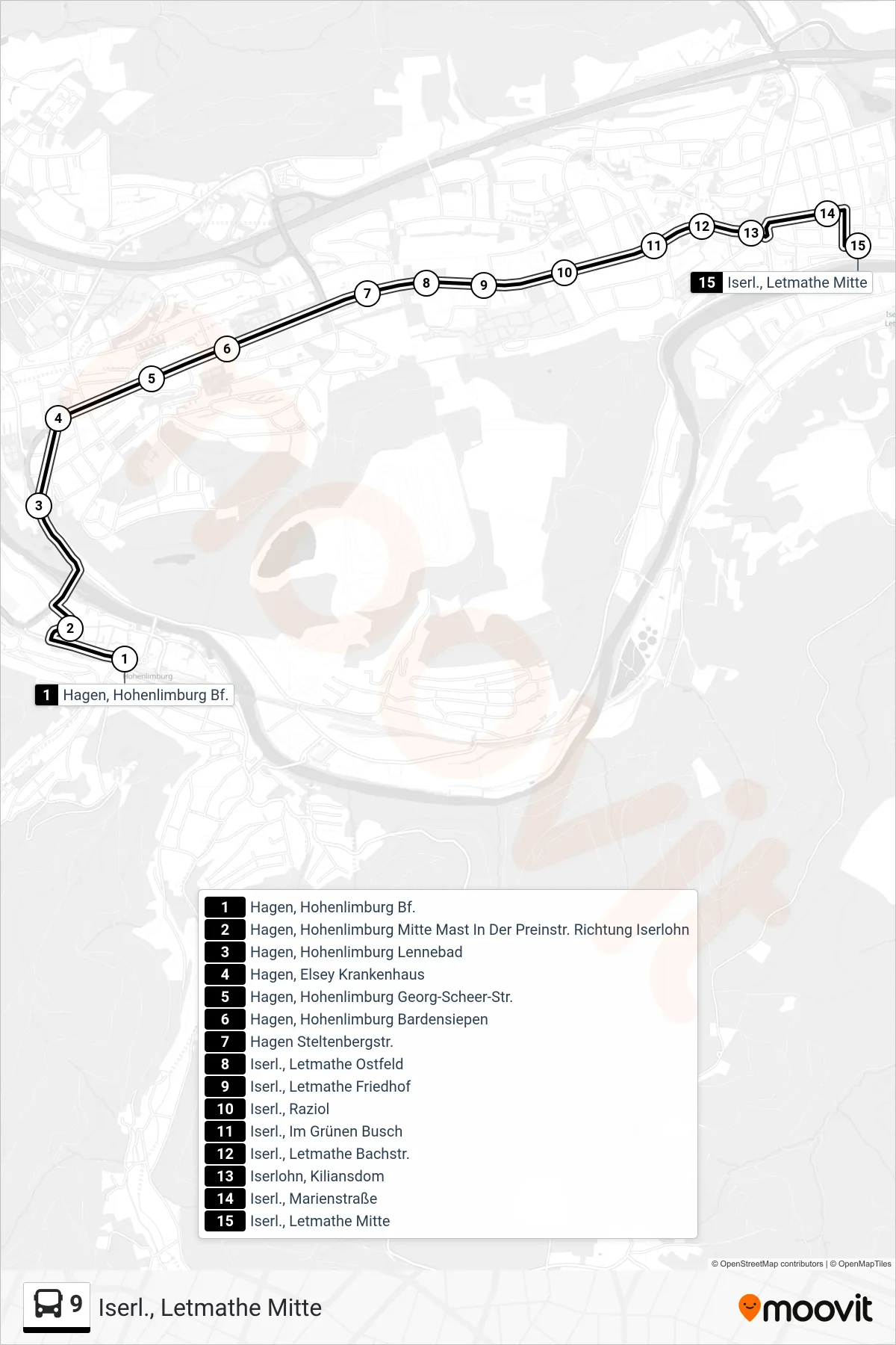9 bus Line (Iserl., Letmathe Mitte) route and stops on a map