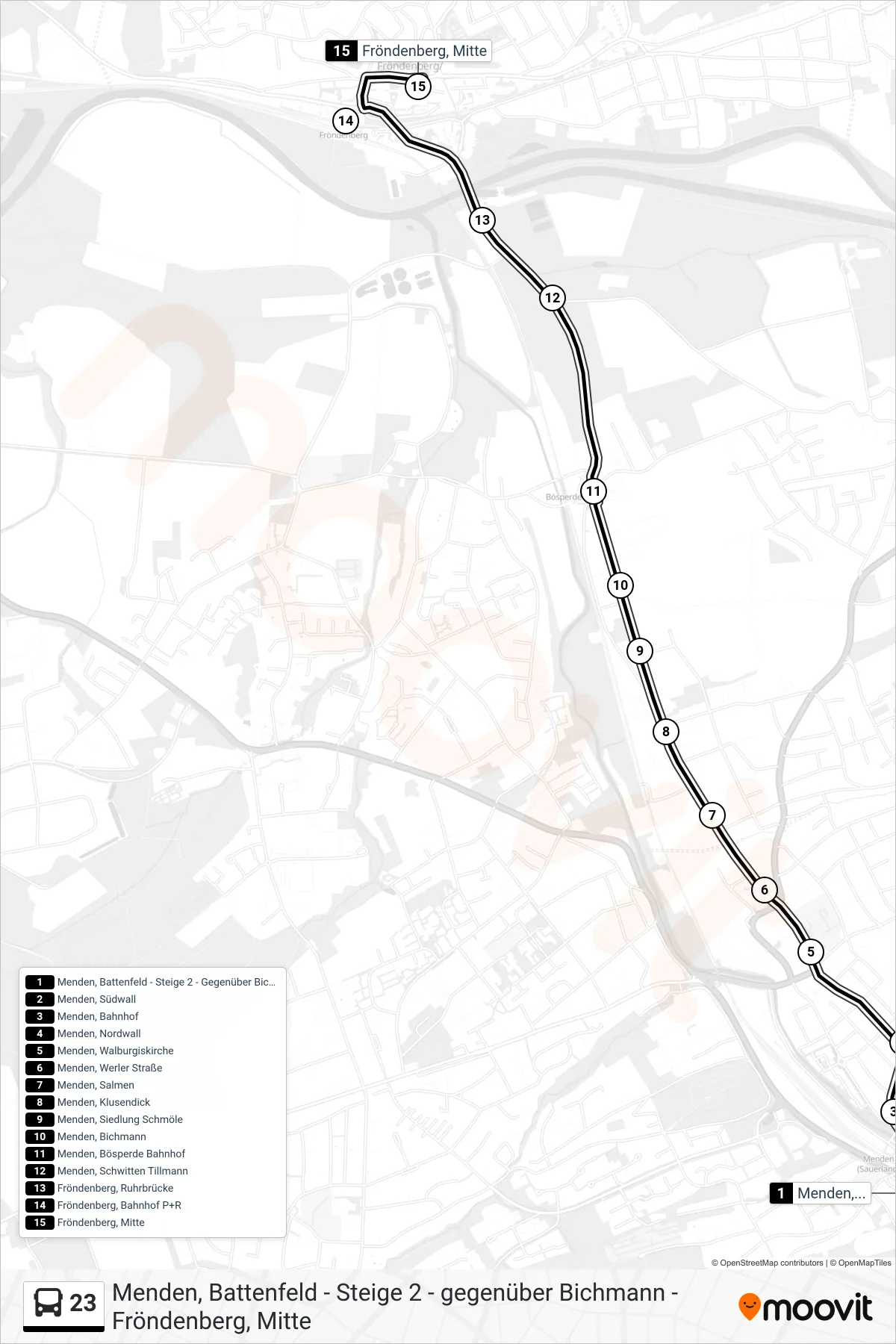 Linie 23 (Bus) Richtung Fröndenberg, Mitte: Route und Haltestellen auf der Karte