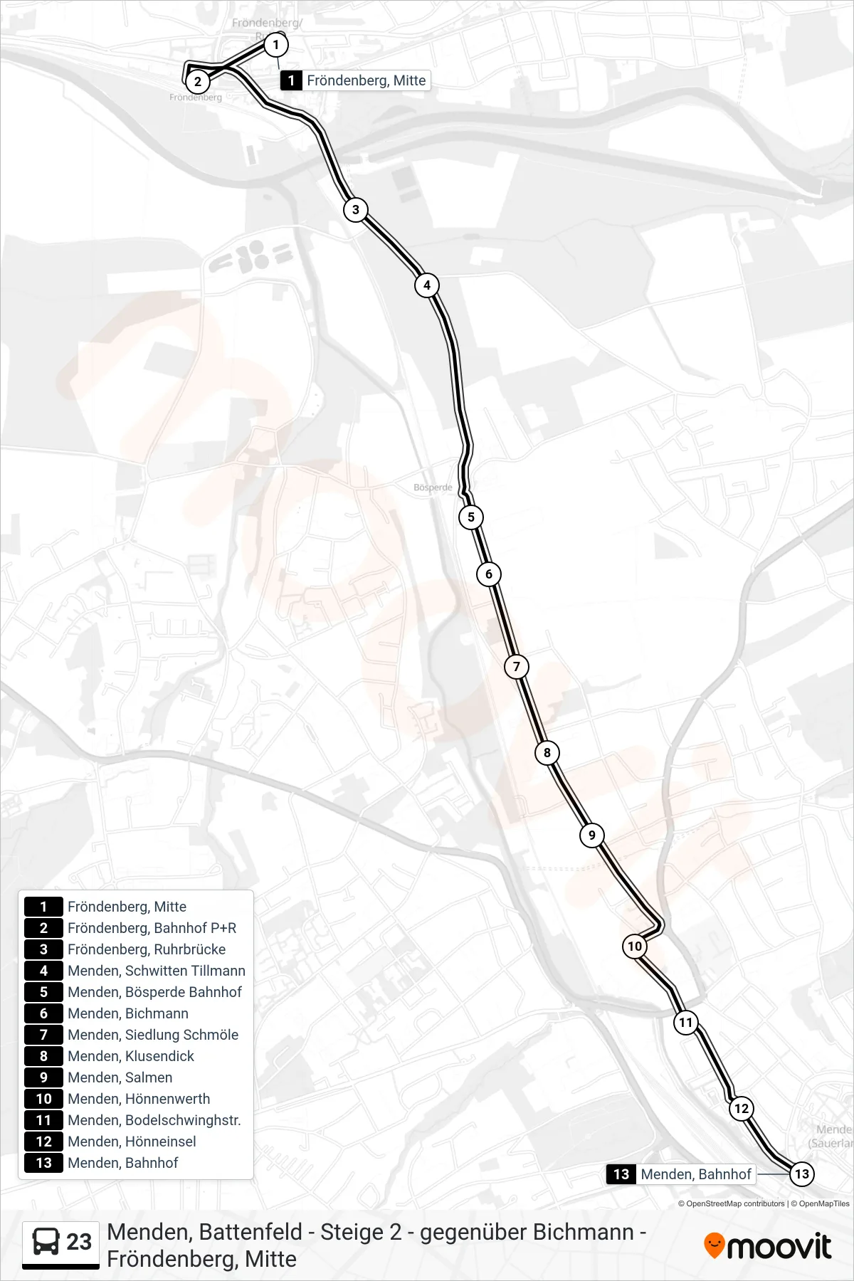 23 bus Line (Menden, Bahnhof) route and stops on a map