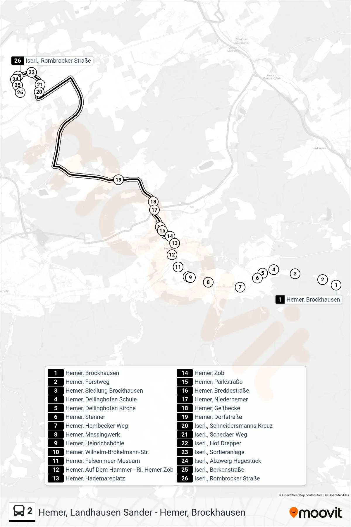 Linie 2 (Bus) Richtung Iserl., Rombrocker Straße: Route und Haltestellen auf der Karte