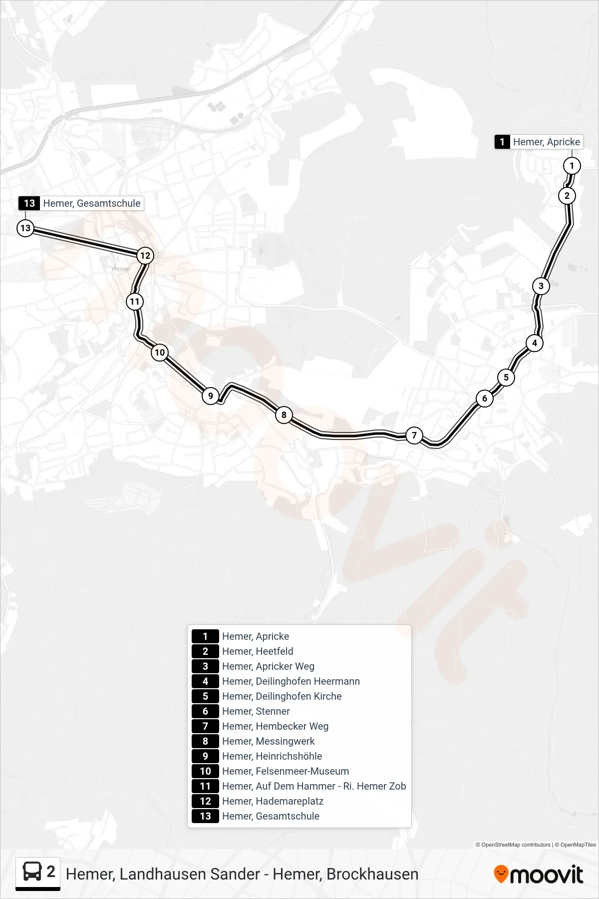2 bus Line (Hemer, Gesamtschule) route and stops on a map