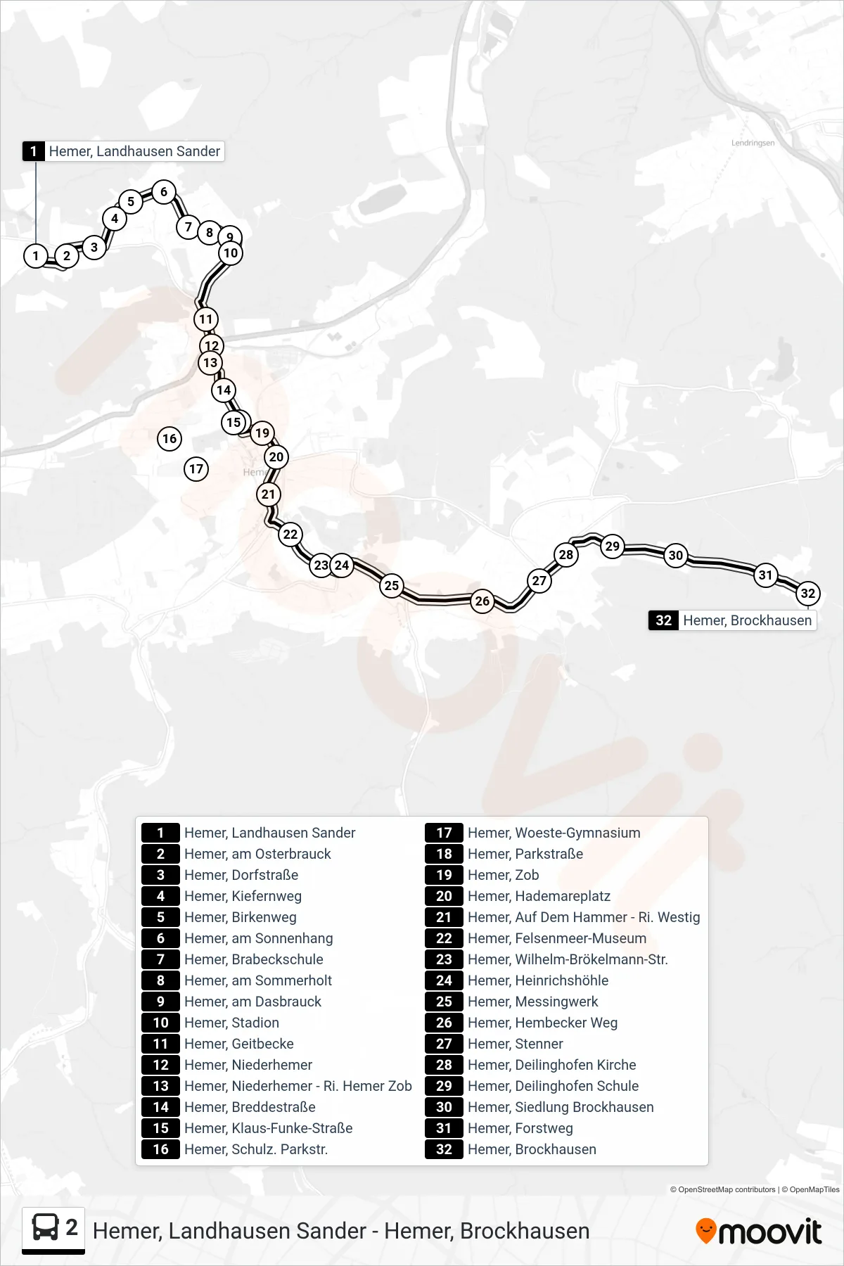 2 bus Line (Hemer, Brockhausen) route and stops on a map