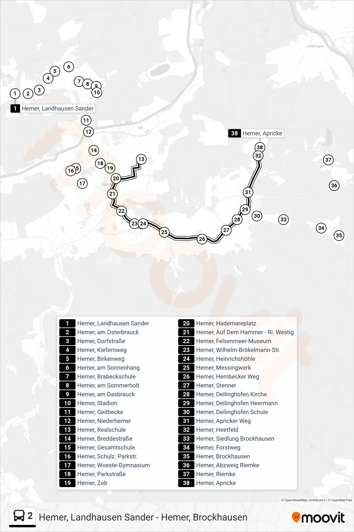 Linie 2 (Bus) Richtung Hemer, Apricke: Route und Haltestellen auf der Karte