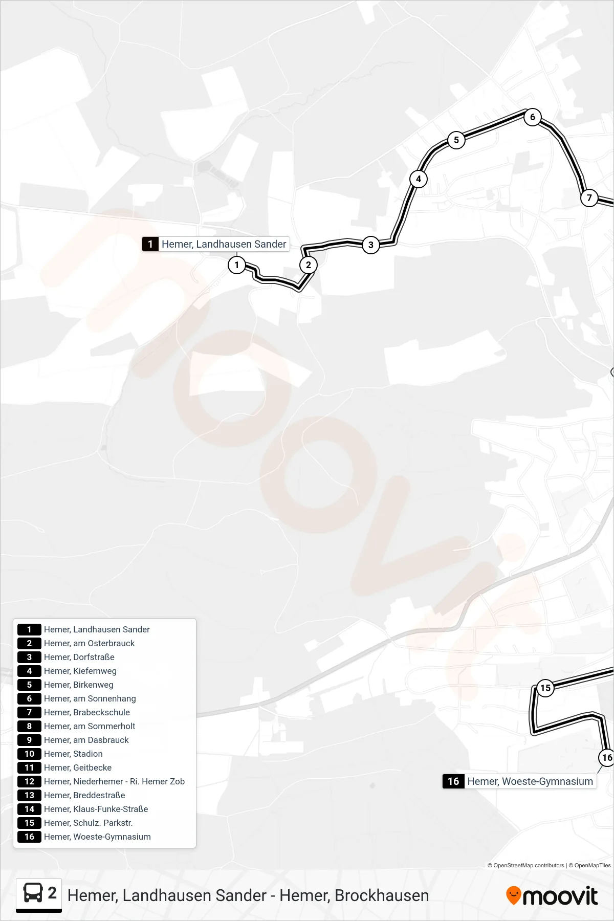 2 bus Line (Hemer, Woeste-Gymnasium) route and stops on a map