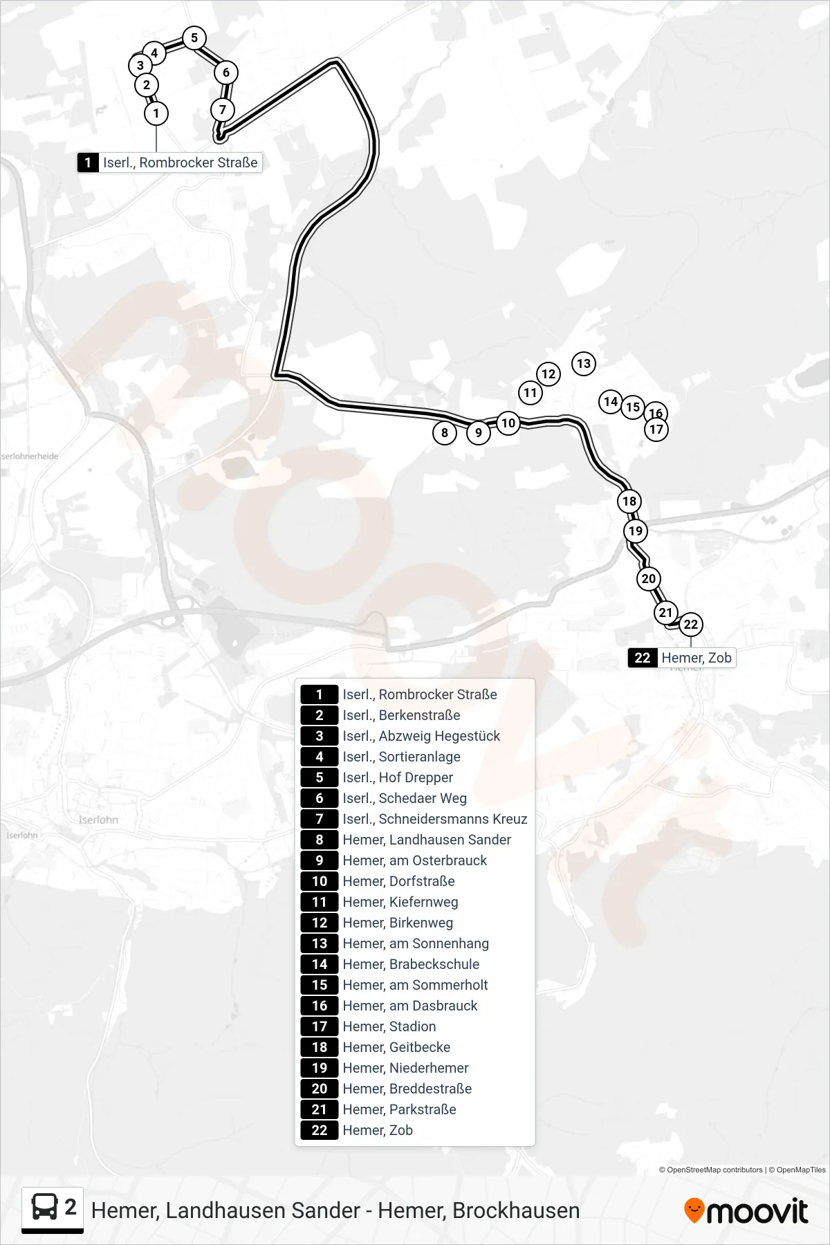 2 bus Line (Hemer, Zob - Steig 3b) route and stops on a map
