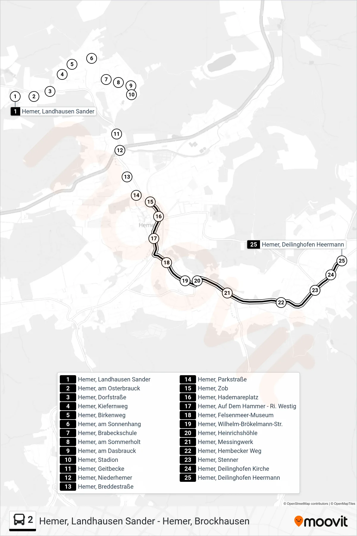 2 bus Line (Hemer, Deilinghofen Heermann) route and stops on a map