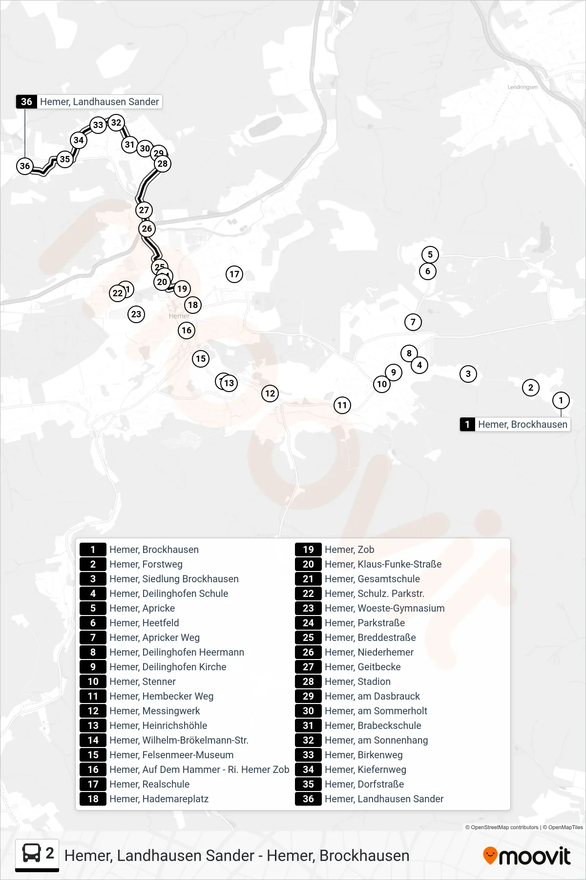 2 bus Line (Hemer, Landhausen Sander) route and stops on a map