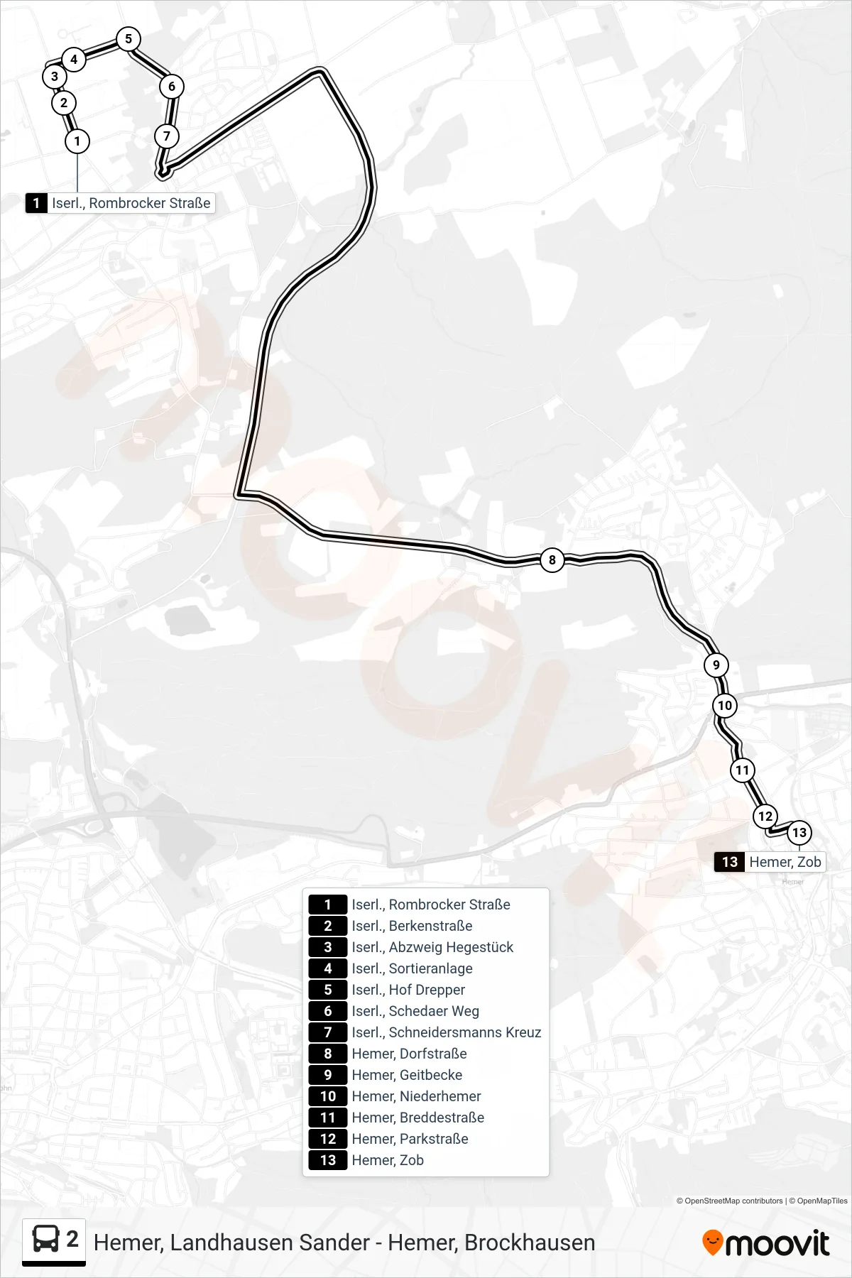2 bus Line (Hemer, Zob - Steig 3a) route and stops on a map