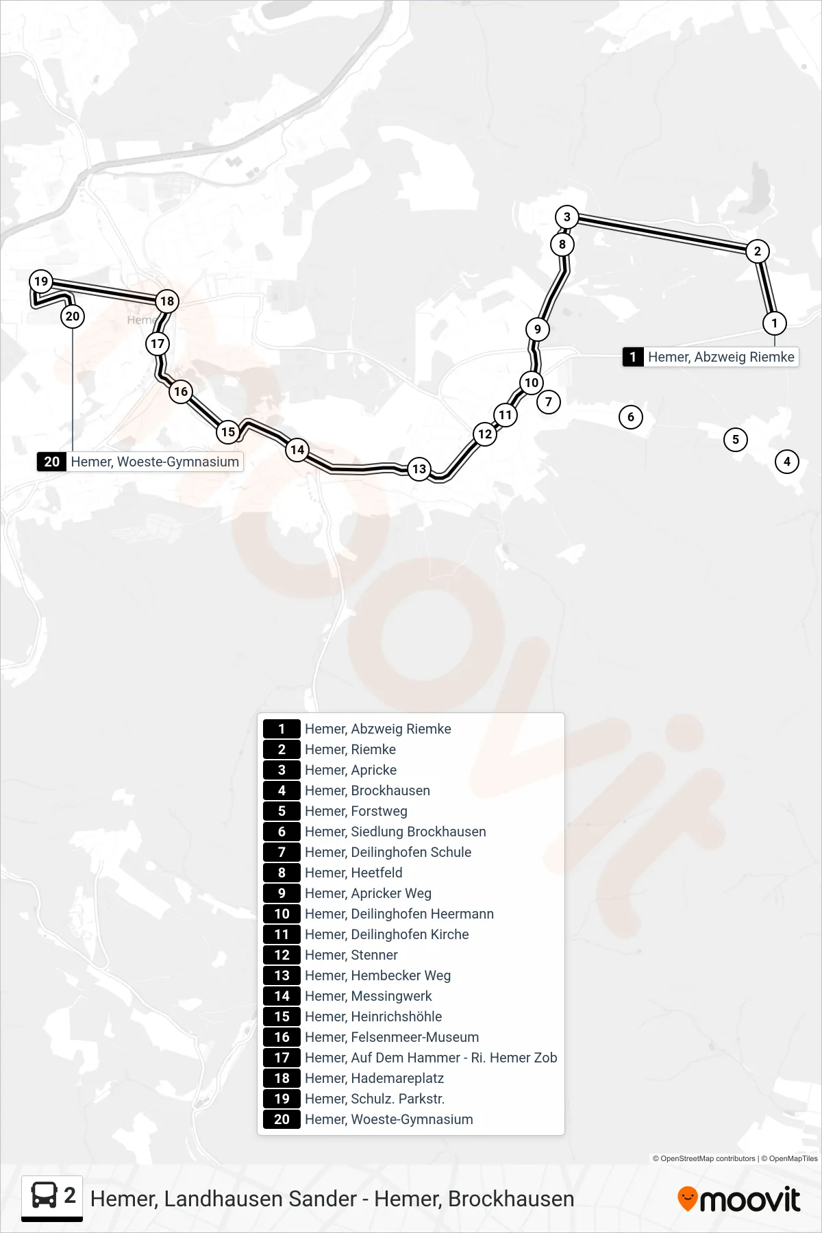 Linie 2 (Bus) Richtung Hemer, Woeste-Gymnasium: Route und Haltestellen auf der Karte