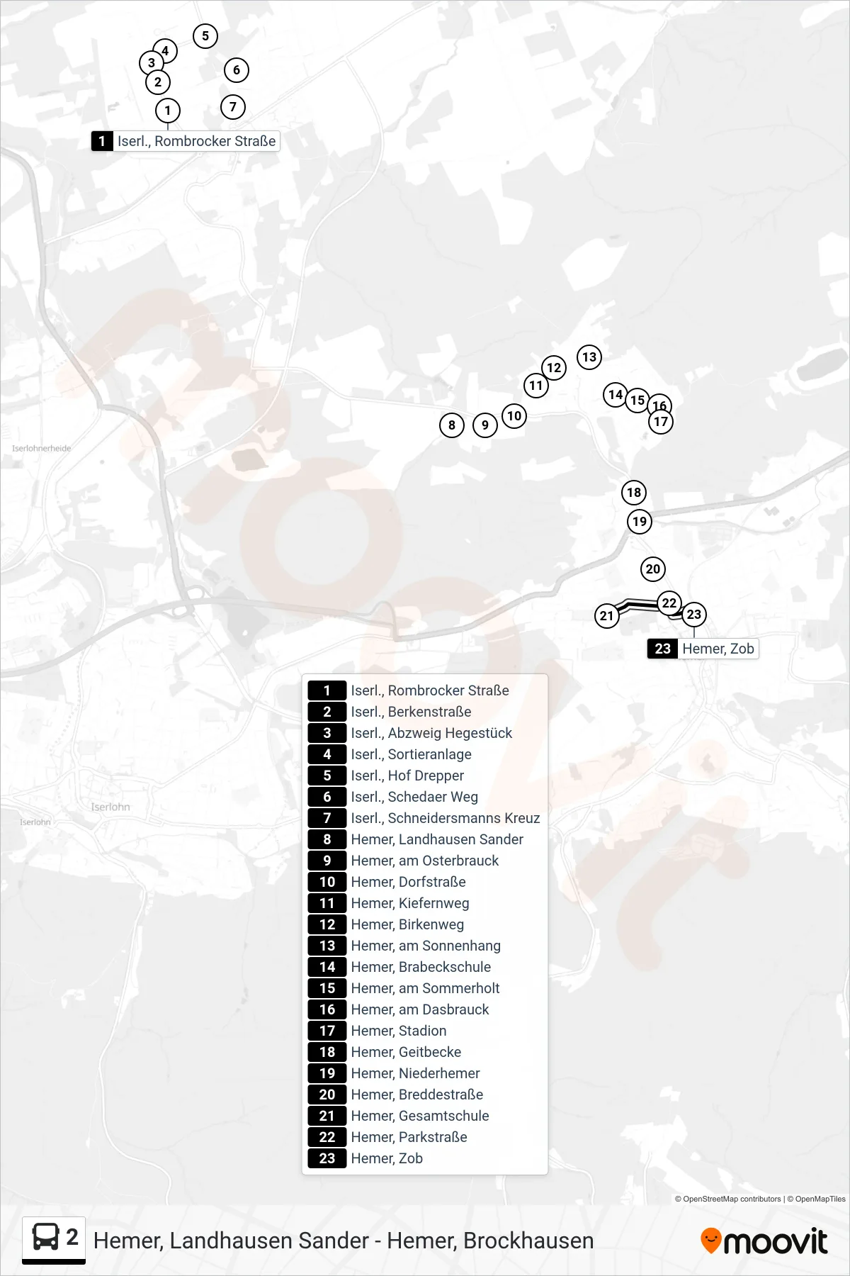 2 bus Line (Hemer, Zob - Steig 1a) route and stops on a map