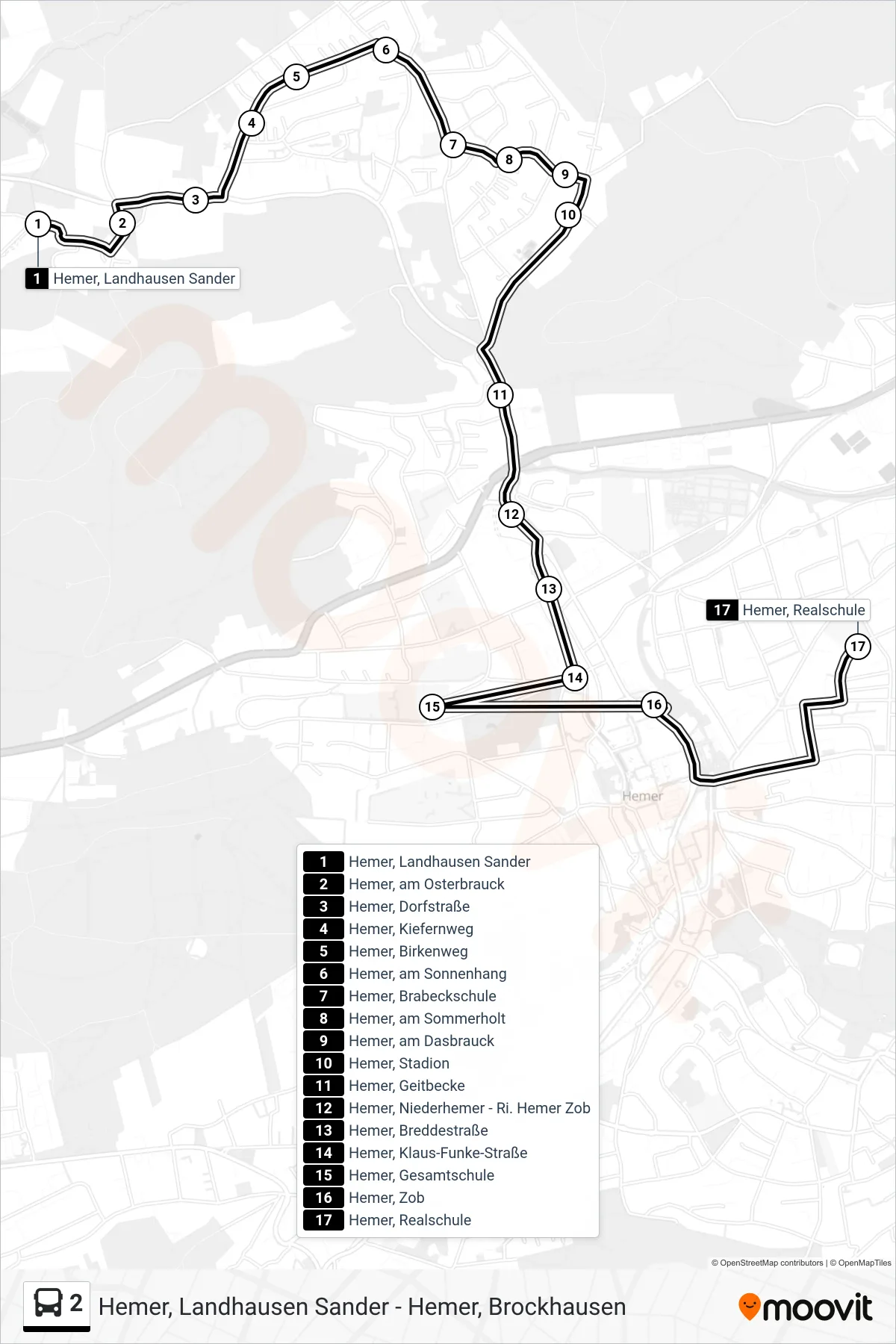 2 bus Line (Hemer, Realschule) route and stops on a map