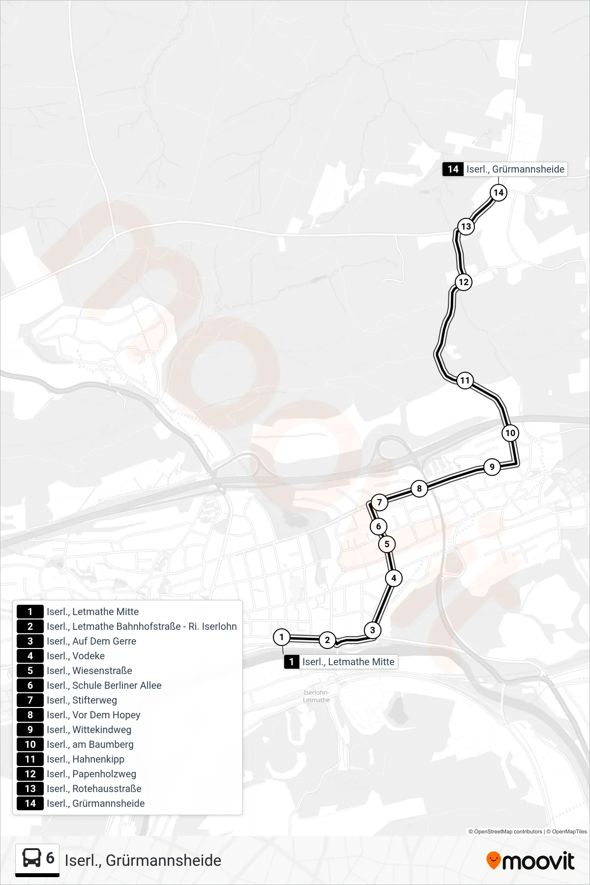 Linie 6 (Bus) Richtung Iserl., Grürmannsheide: Route und Haltestellen auf der Karte
